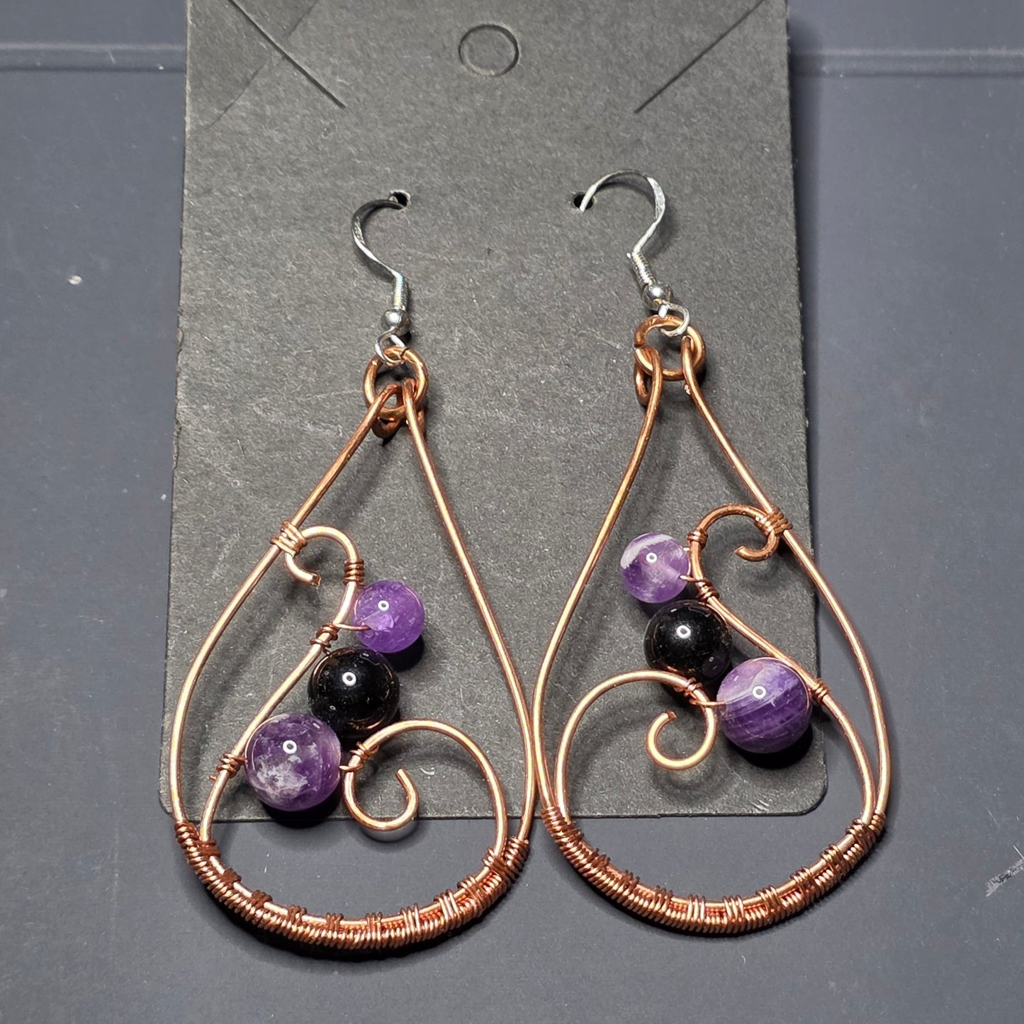 Hyacinth -Copper Dangle earrings with Amethyst beads.