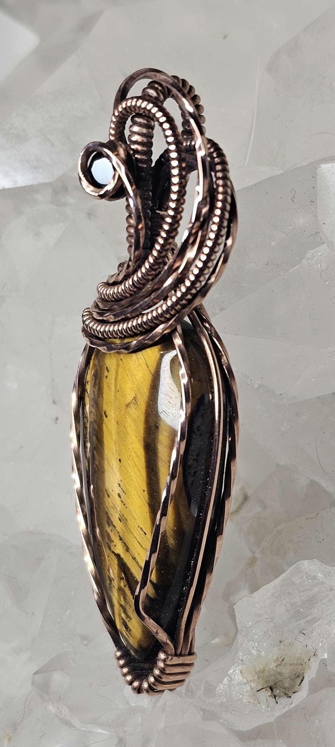 Hand Woven Copper Tiger's Eye Pendant with Onyx Accent