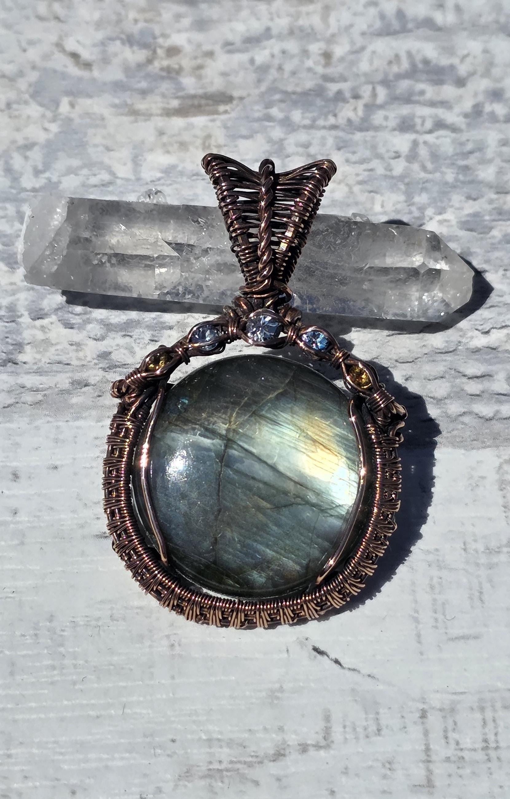Labradorite Copper Wire Wrapped Pendant: Sapphire, Topaz & Citrine