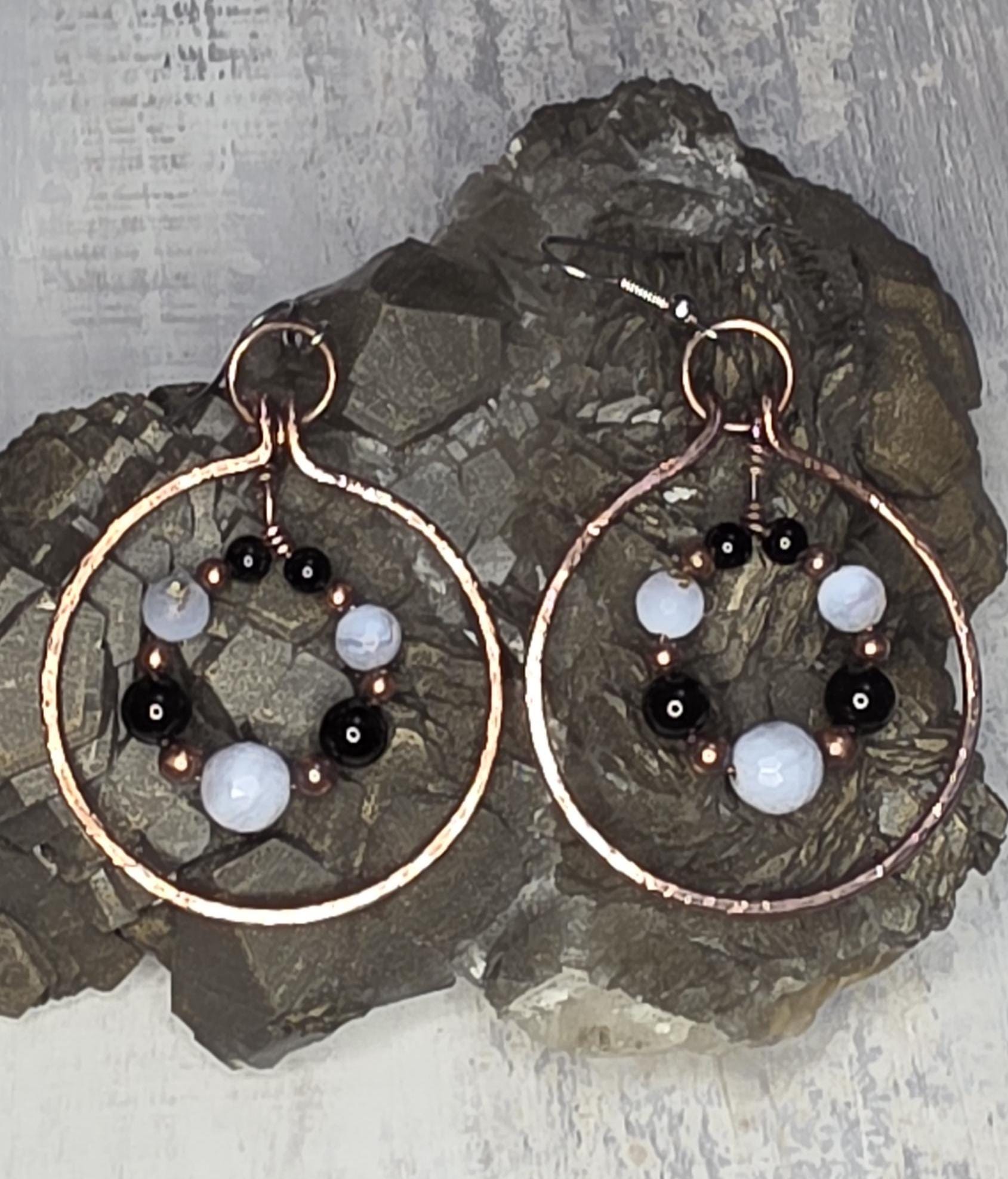 Blue Lace Agate and Tourmaline hammered copper earrings.
