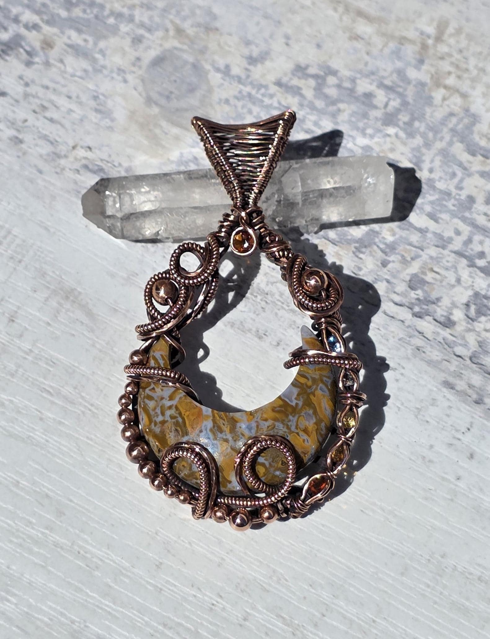 Canyon Agate Copper Wrapped Pendant: Citrine Accent