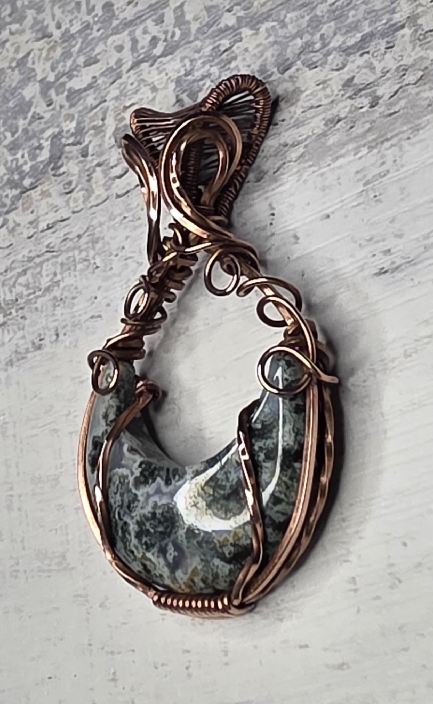 Moss Agate Copper Wrapped Pendant: