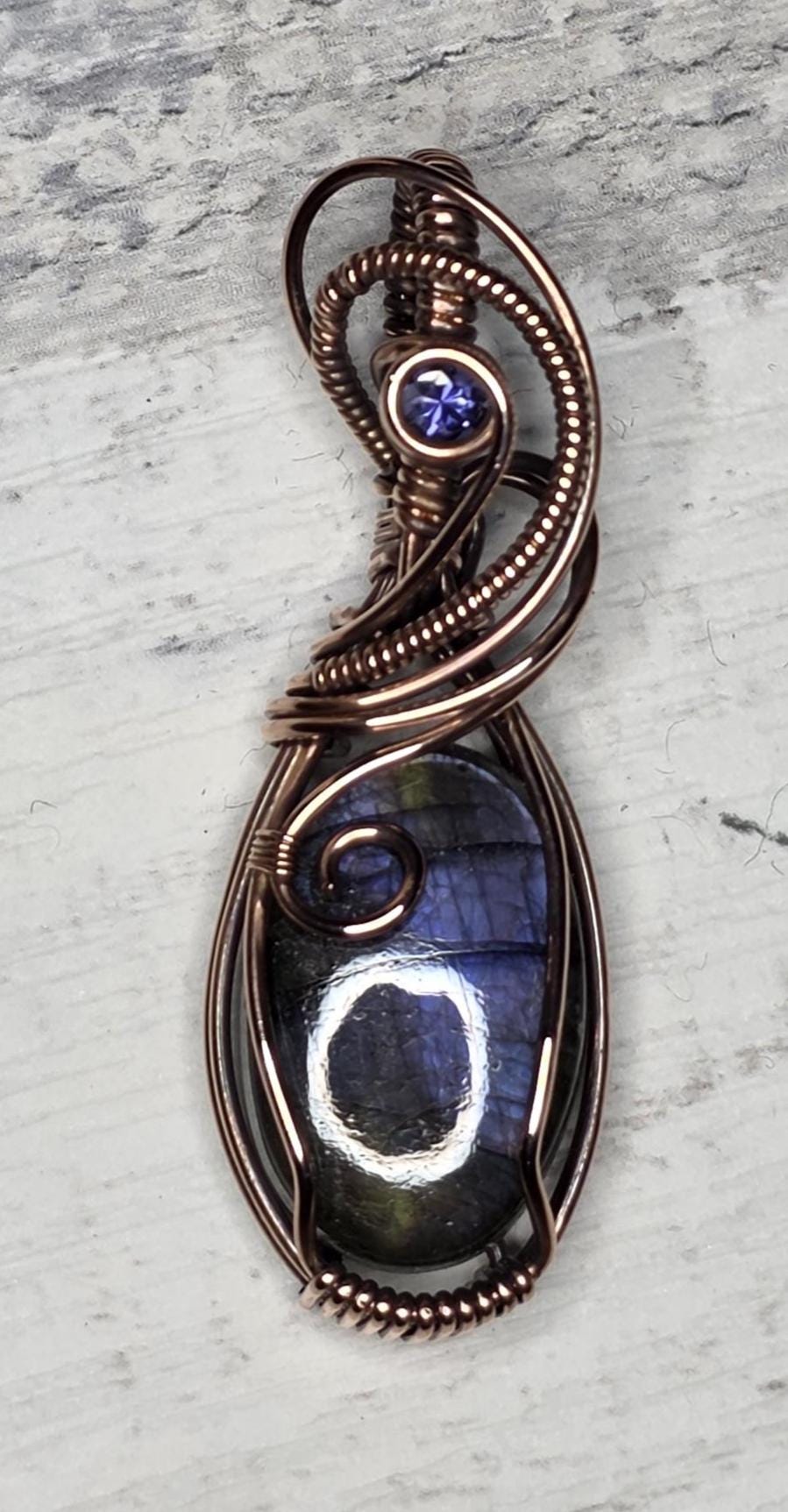 Hand Woven Copper Labradorite Pendant with Iolite Accent