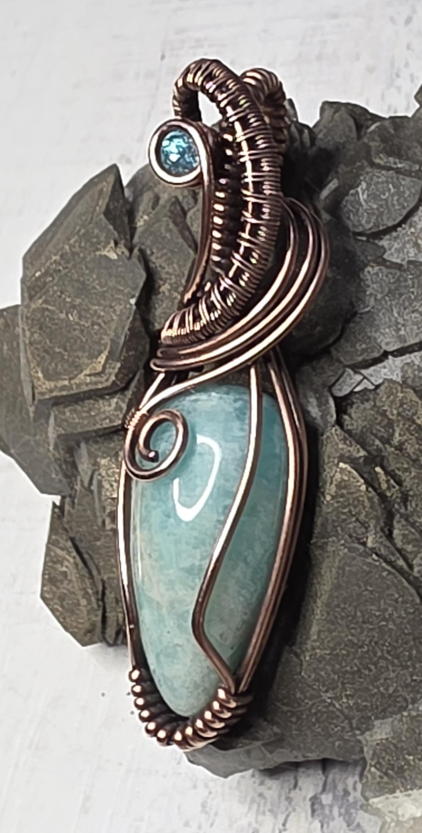 Hand Woven Copper Amazonite Pendant accented with a Blue Apatite