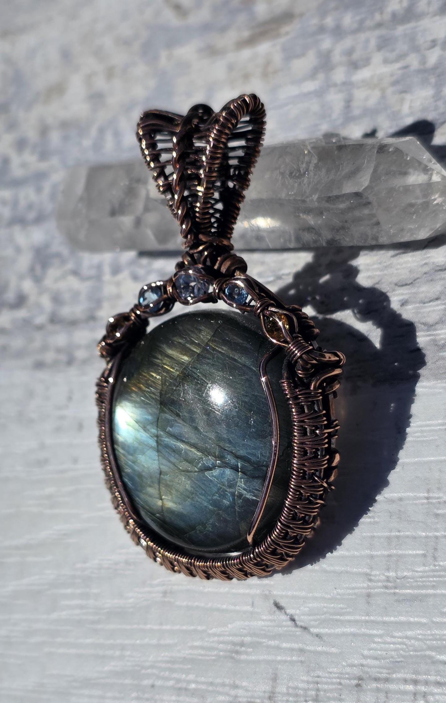 Labradorite Copper Wire Wrapped Pendant: Sapphire, Topaz & Citrine