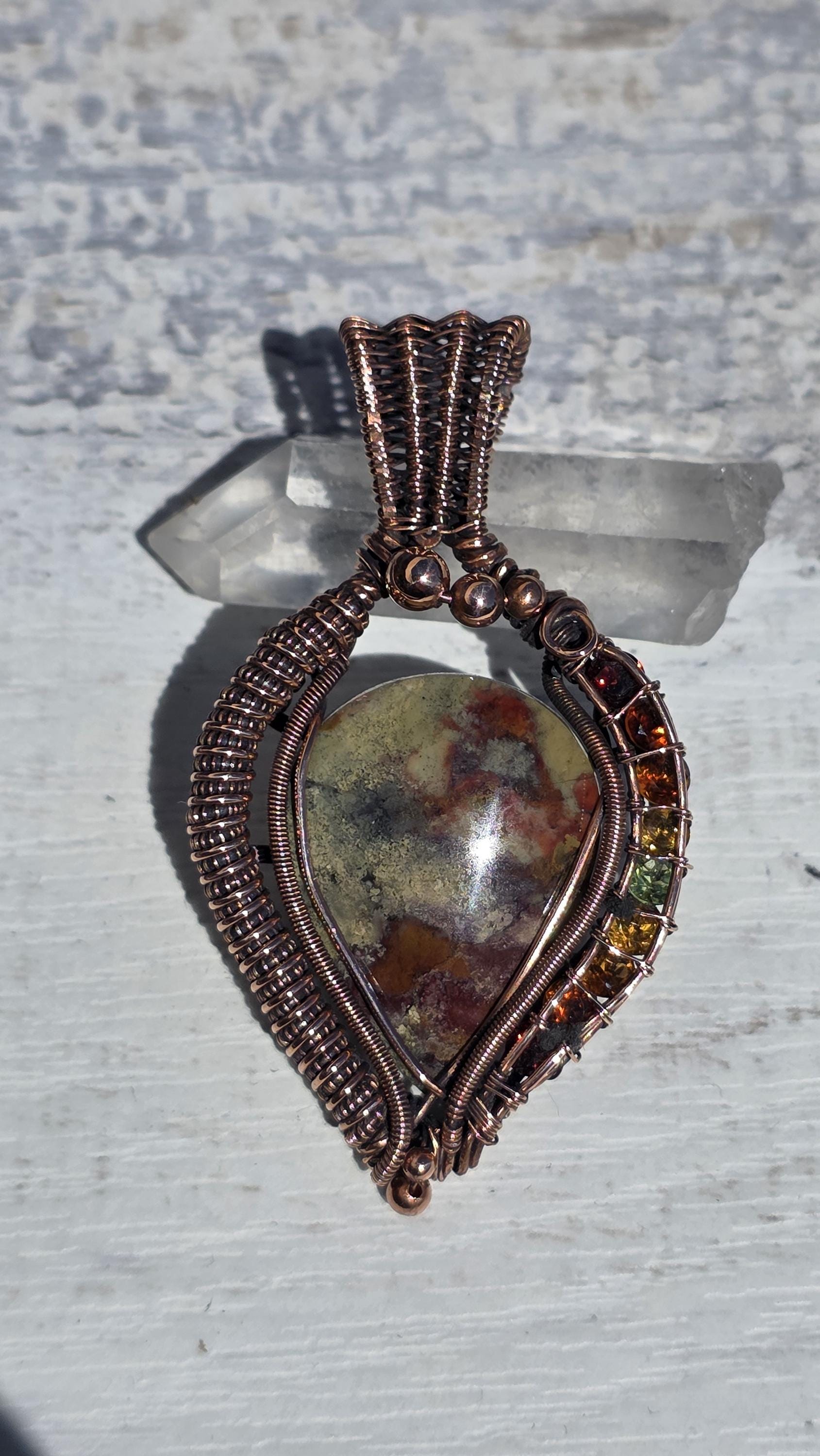 Copper Wrapped Jasper Pear Pendant: Citrine, Garnet & Peridot