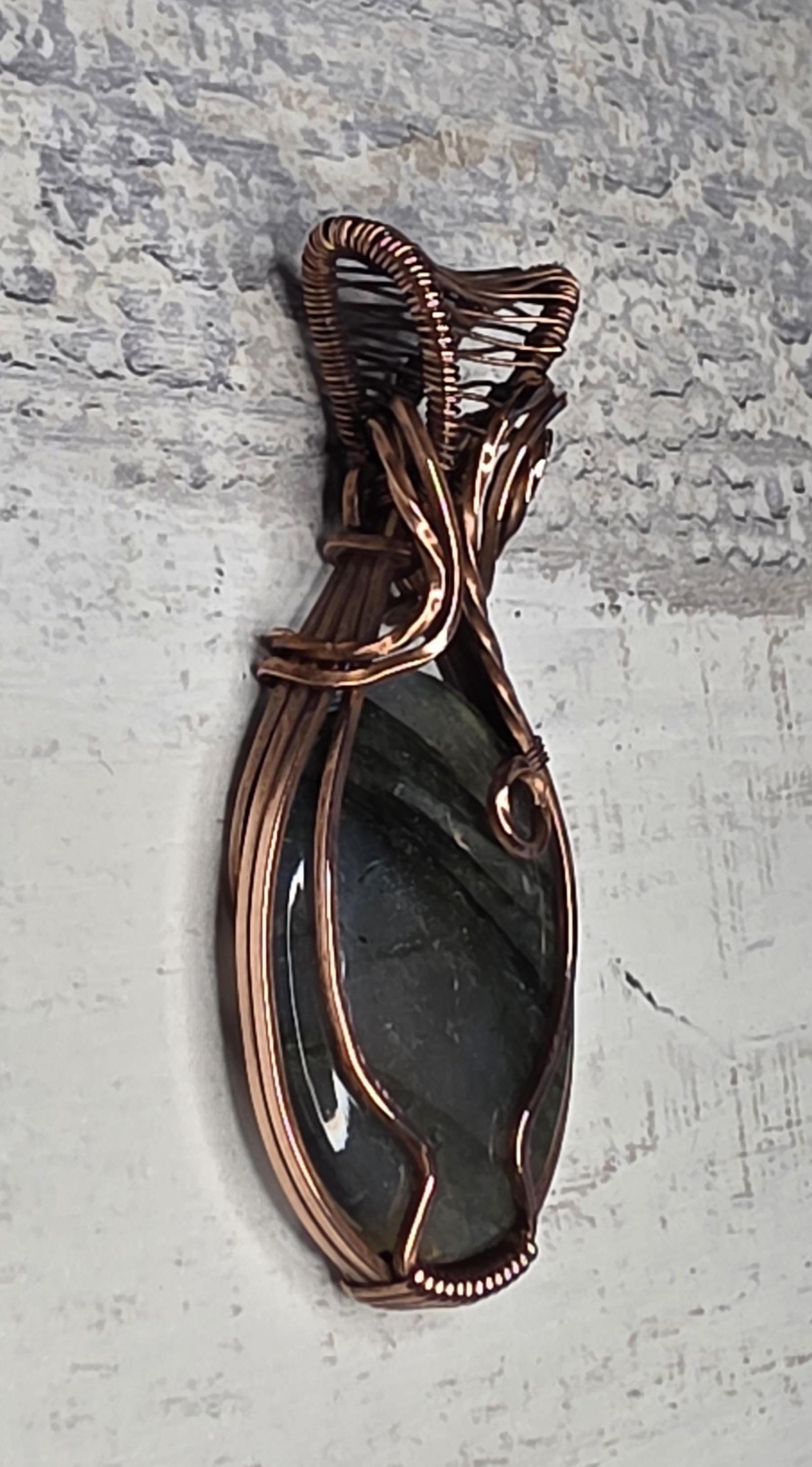 Hand Woven Copper Labradorite Pendant.