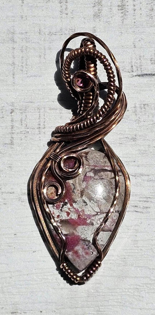 Cobaltian Calcite accented with a Raspberry Garnet, Hand Woven in Copper