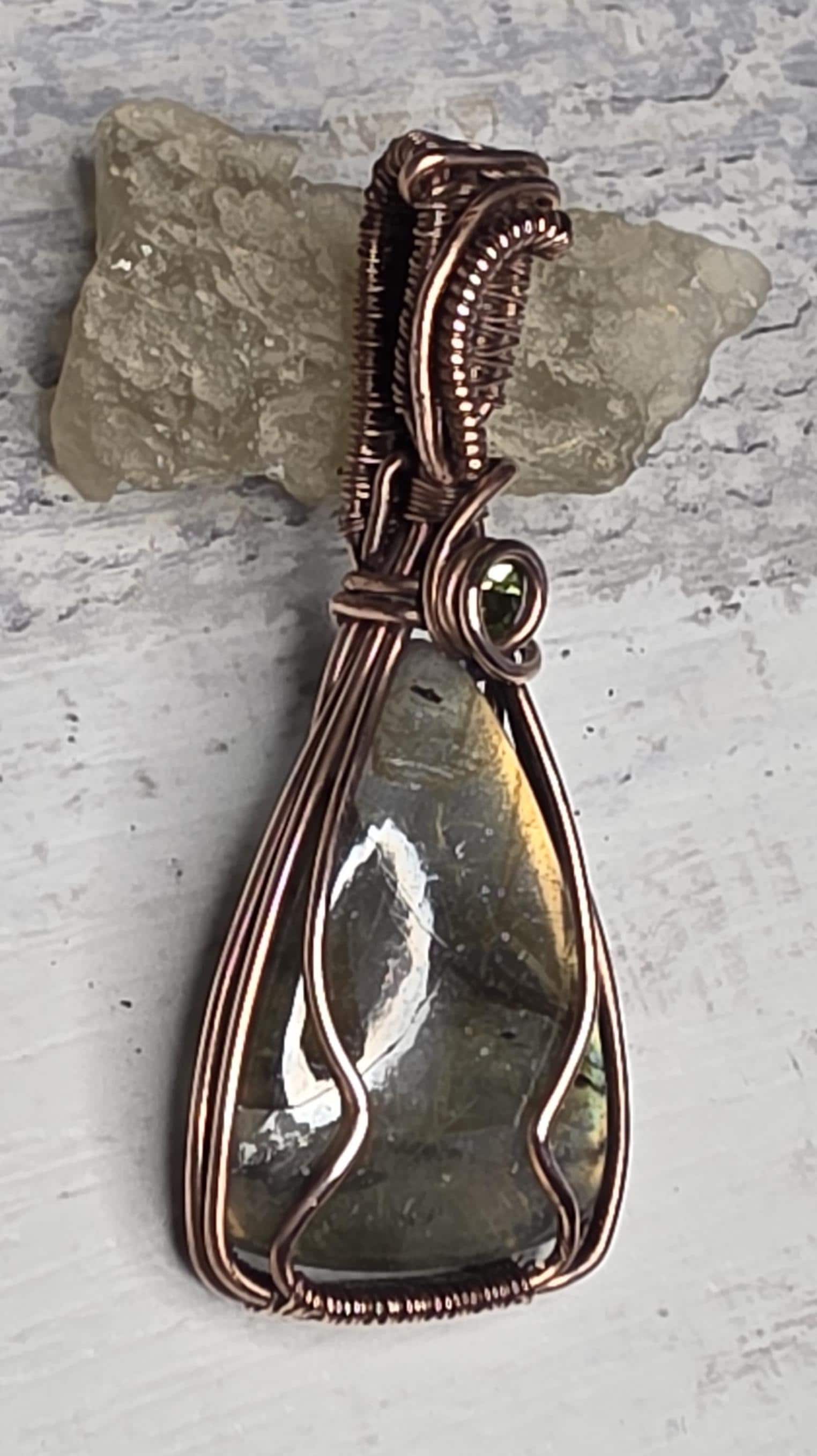 Hand Woven Copper Labradorite Pendant with Peridot