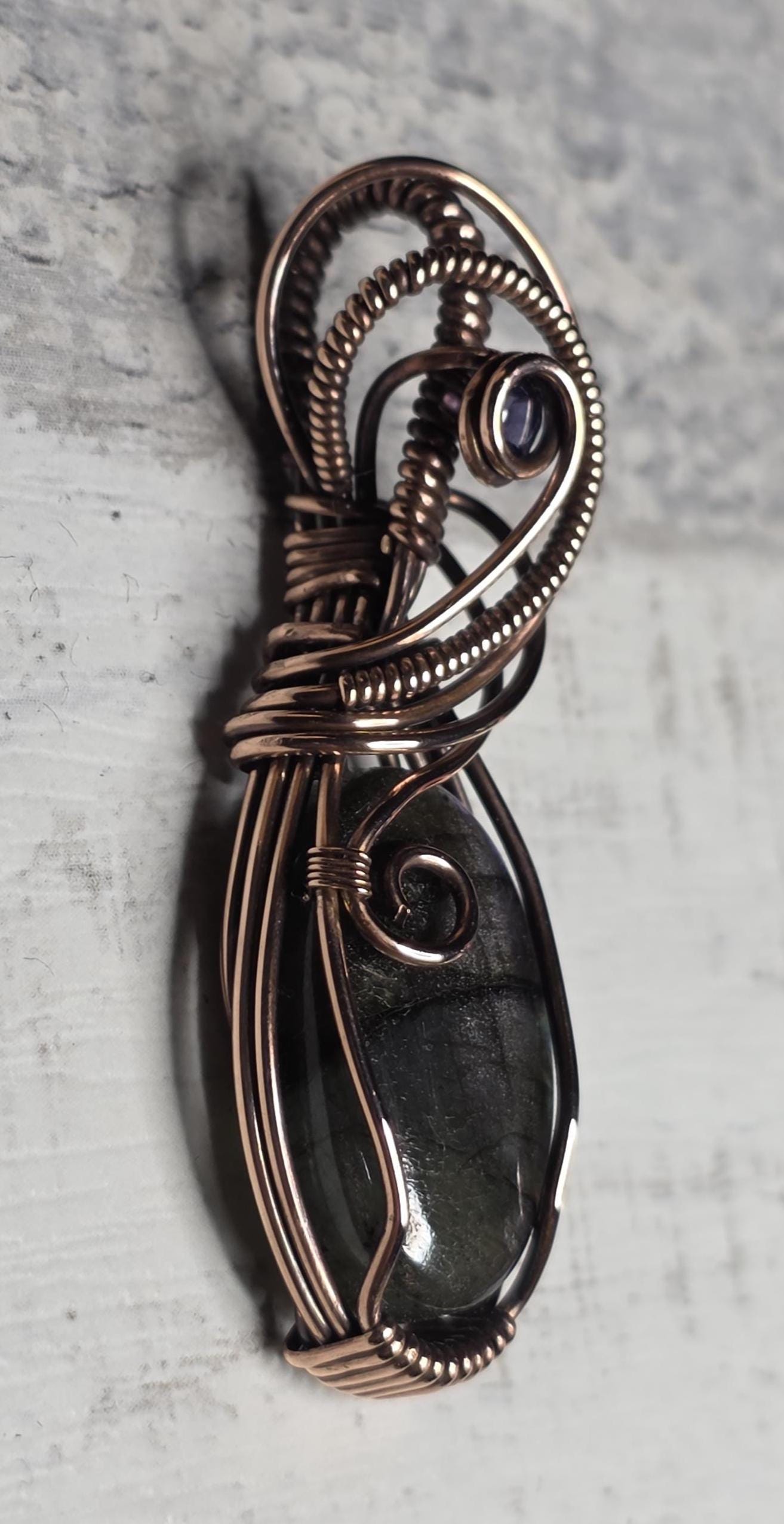 Hand Woven Copper Labradorite Pendant with Iolite Accent
