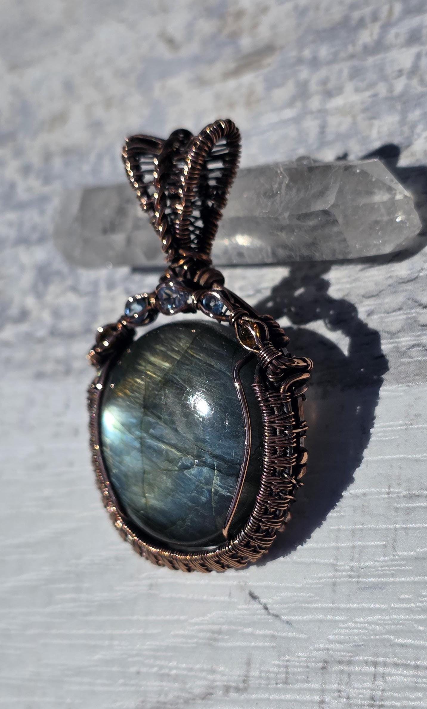 Labradorite Copper Wire Wrapped Pendant: Sapphire, Topaz & Citrine