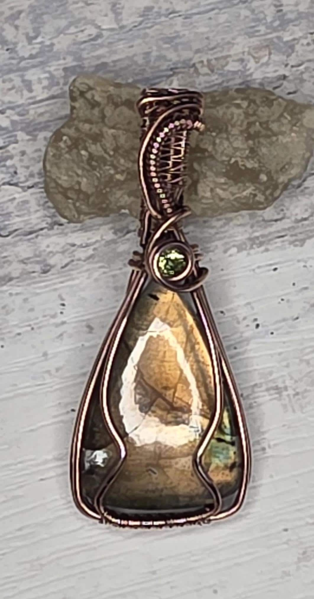 Hand Woven Copper Labradorite Pendant with Peridot