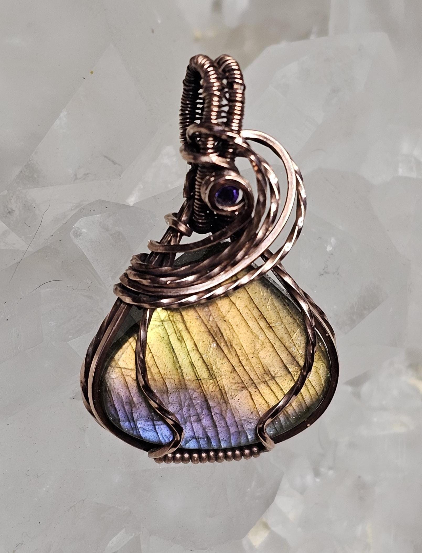 Hand Woven Copper Labradorite Pendant with Amethyst accent