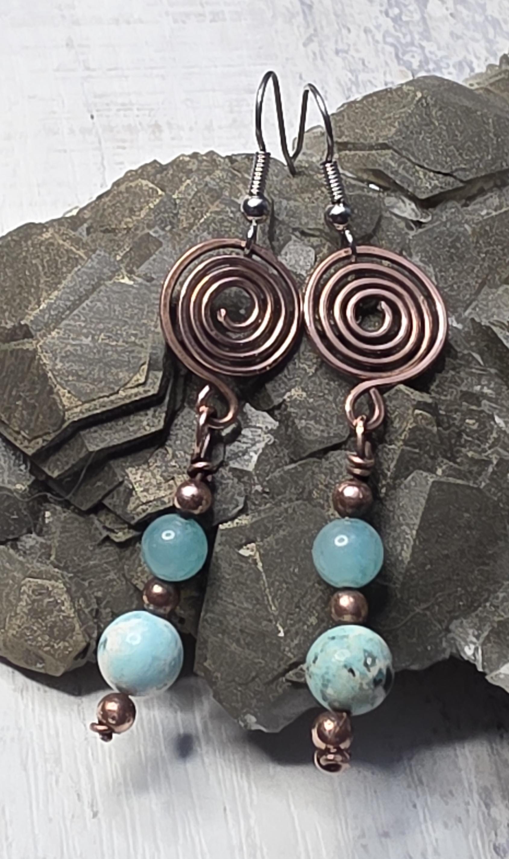 Amazonite Spiral hammered copper earrings with Sterling Silver ear wires.