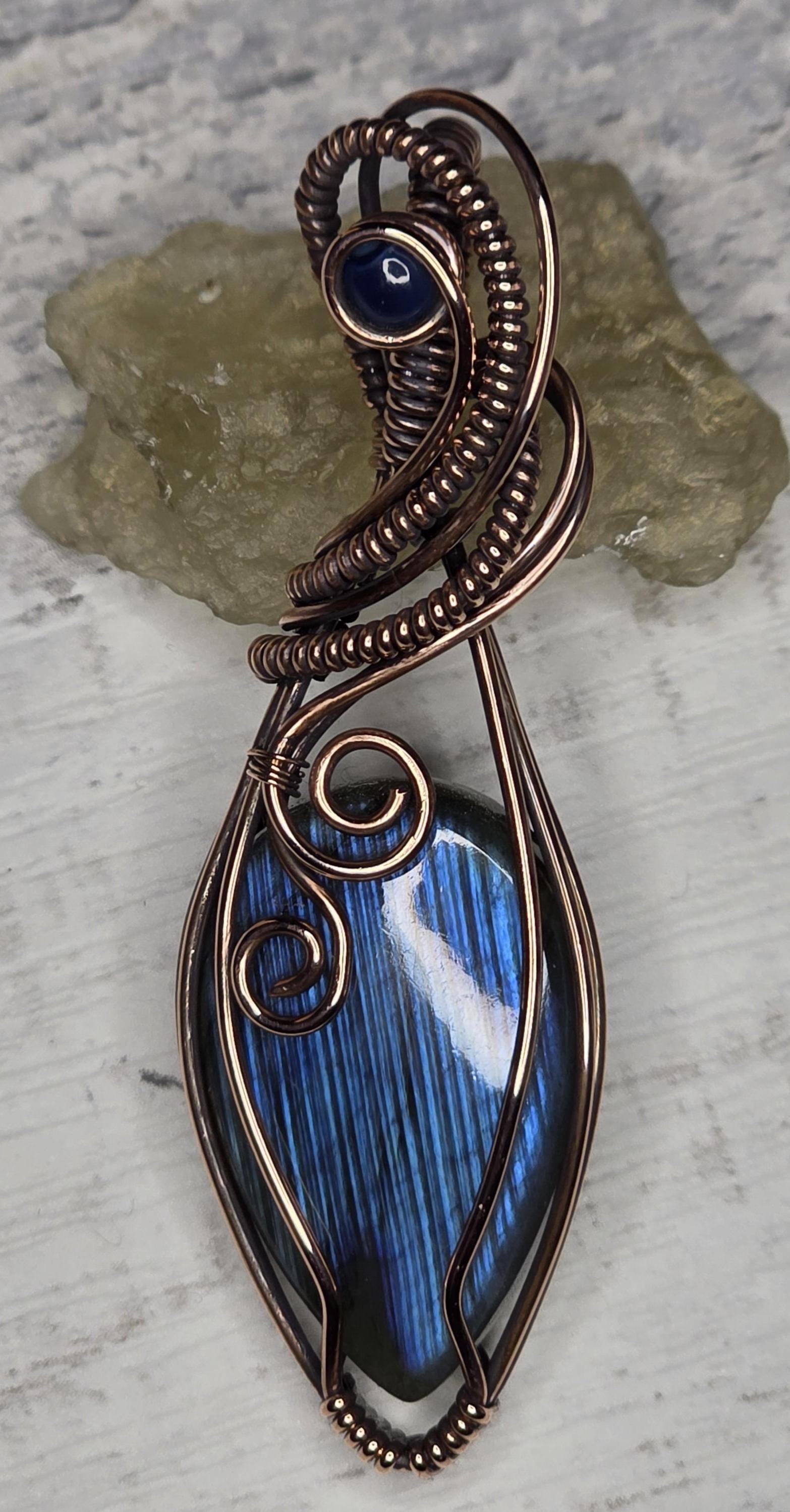 Hand Woven Copper Blue Labradorite Pendant accented with a smoked opal
