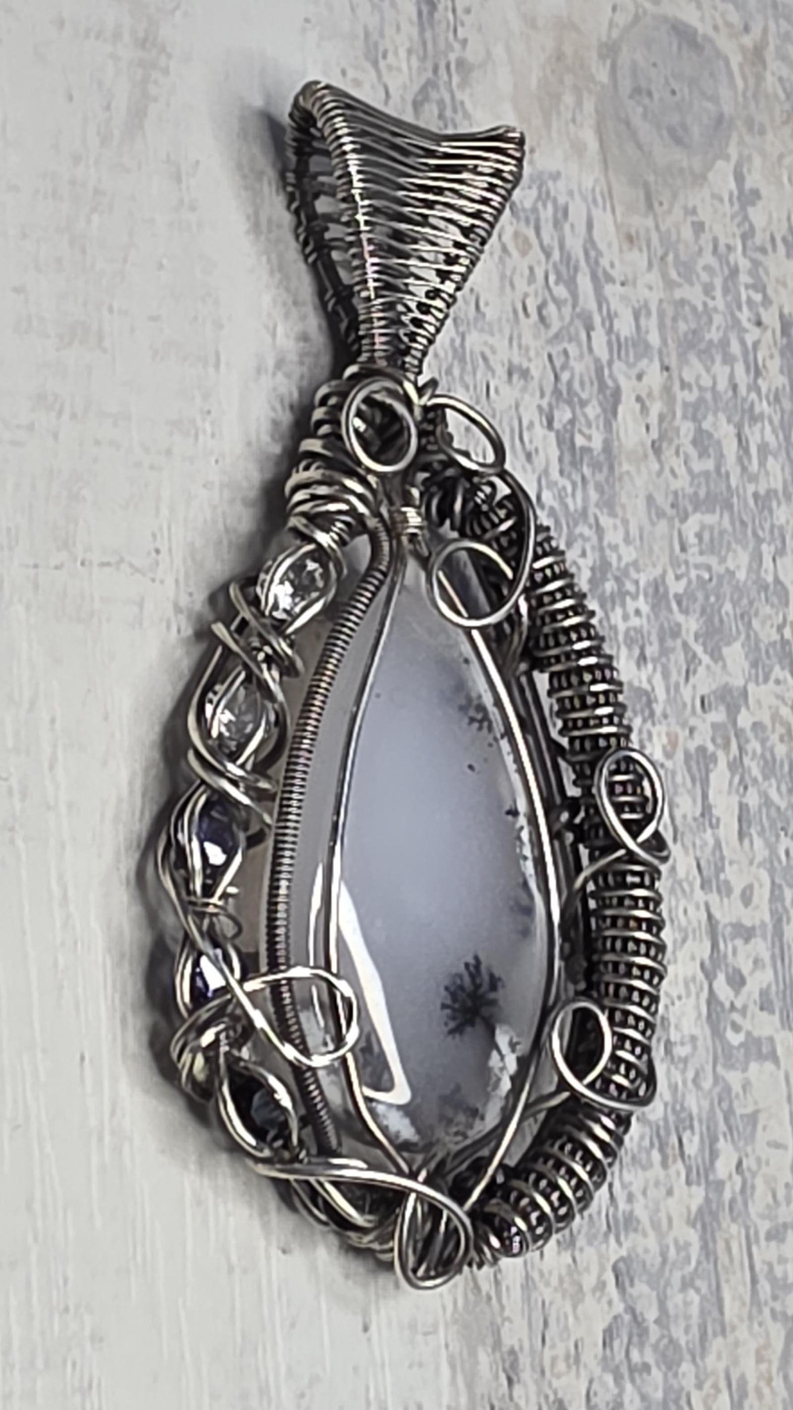 Merlinite Pendant: Hand Woven Sterling Silver, White Topaz Iolite & Onyx