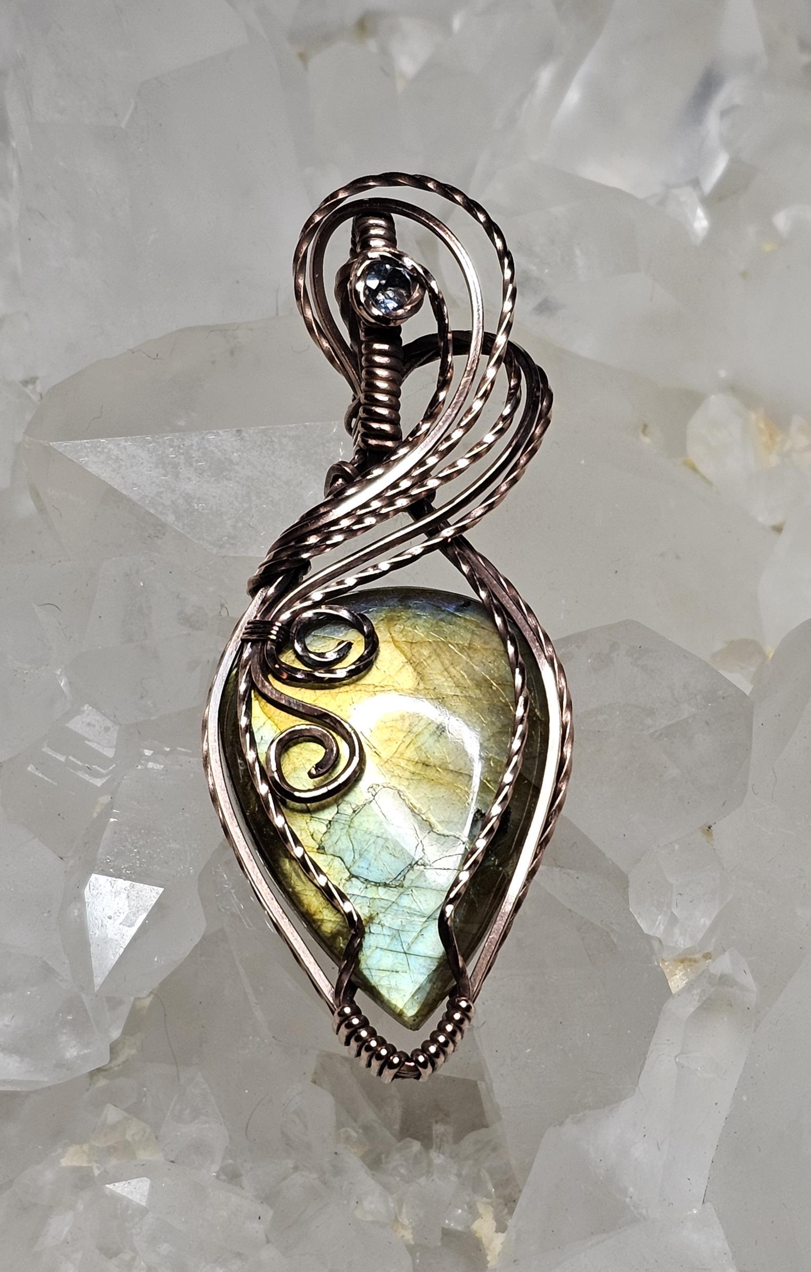 Labradorite accented with Topaz wrapped in spun Copper