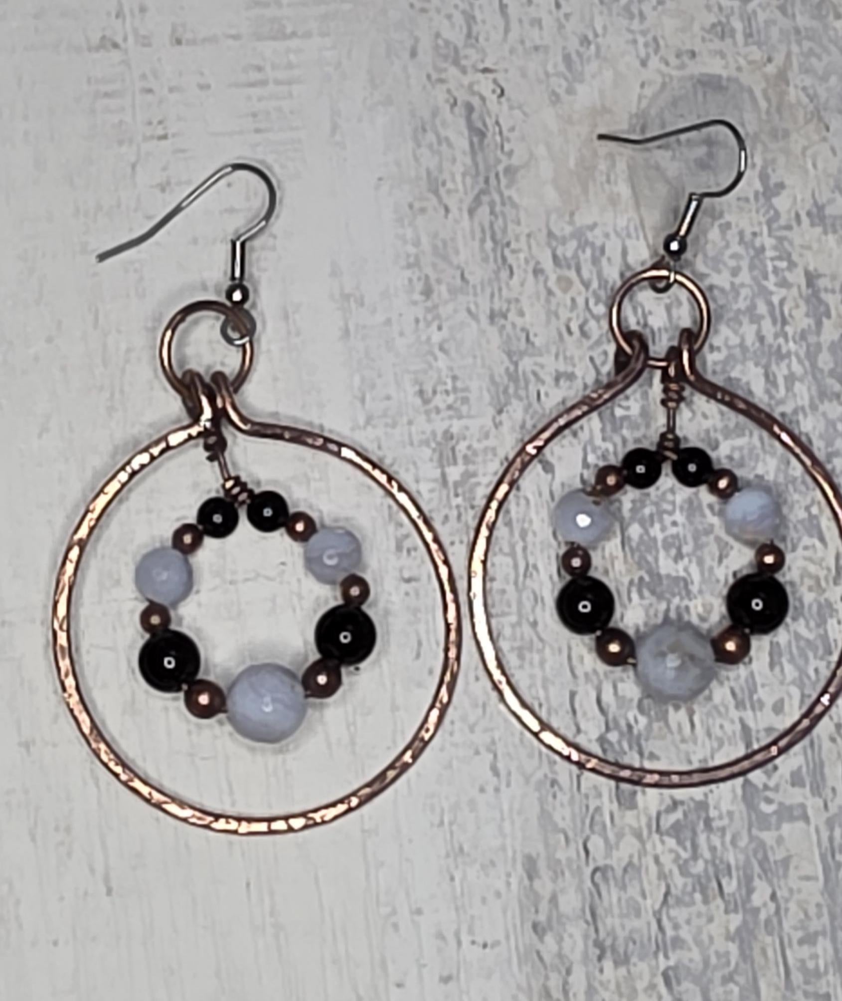 Blue Lace Agate and Tourmaline hammered copper earrings.