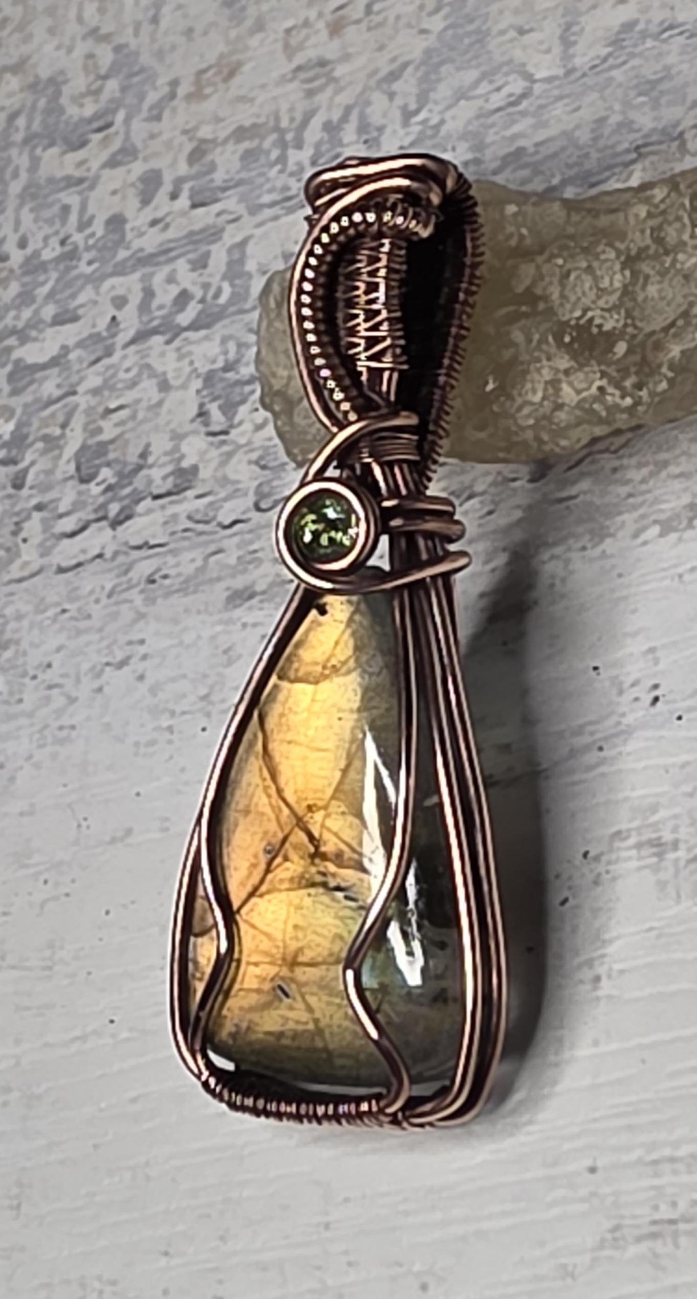 Hand Woven Copper Labradorite Pendant with Peridot