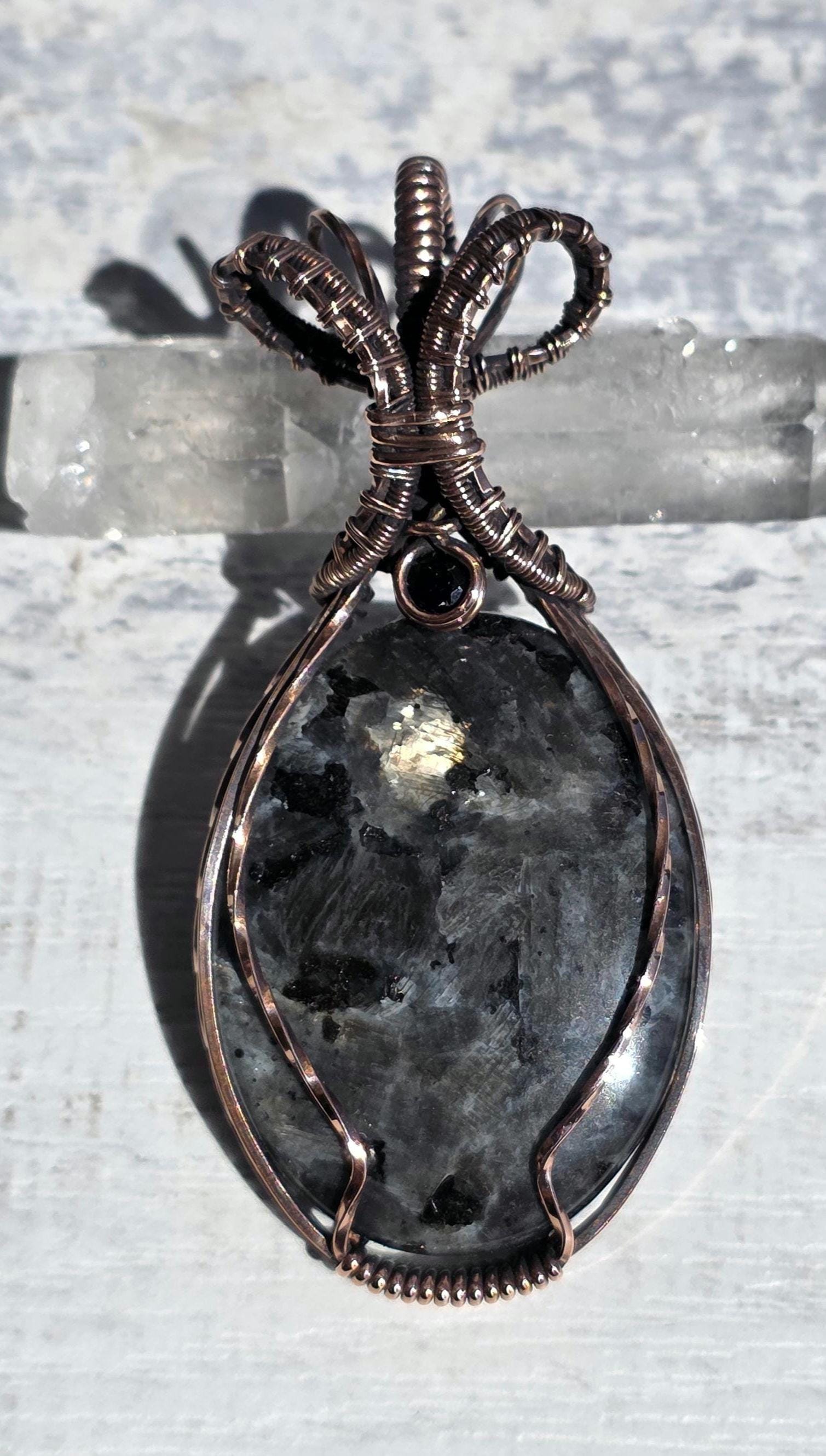Larvikite & Onyx Copper Wrapped Pendant - Midnight Stone