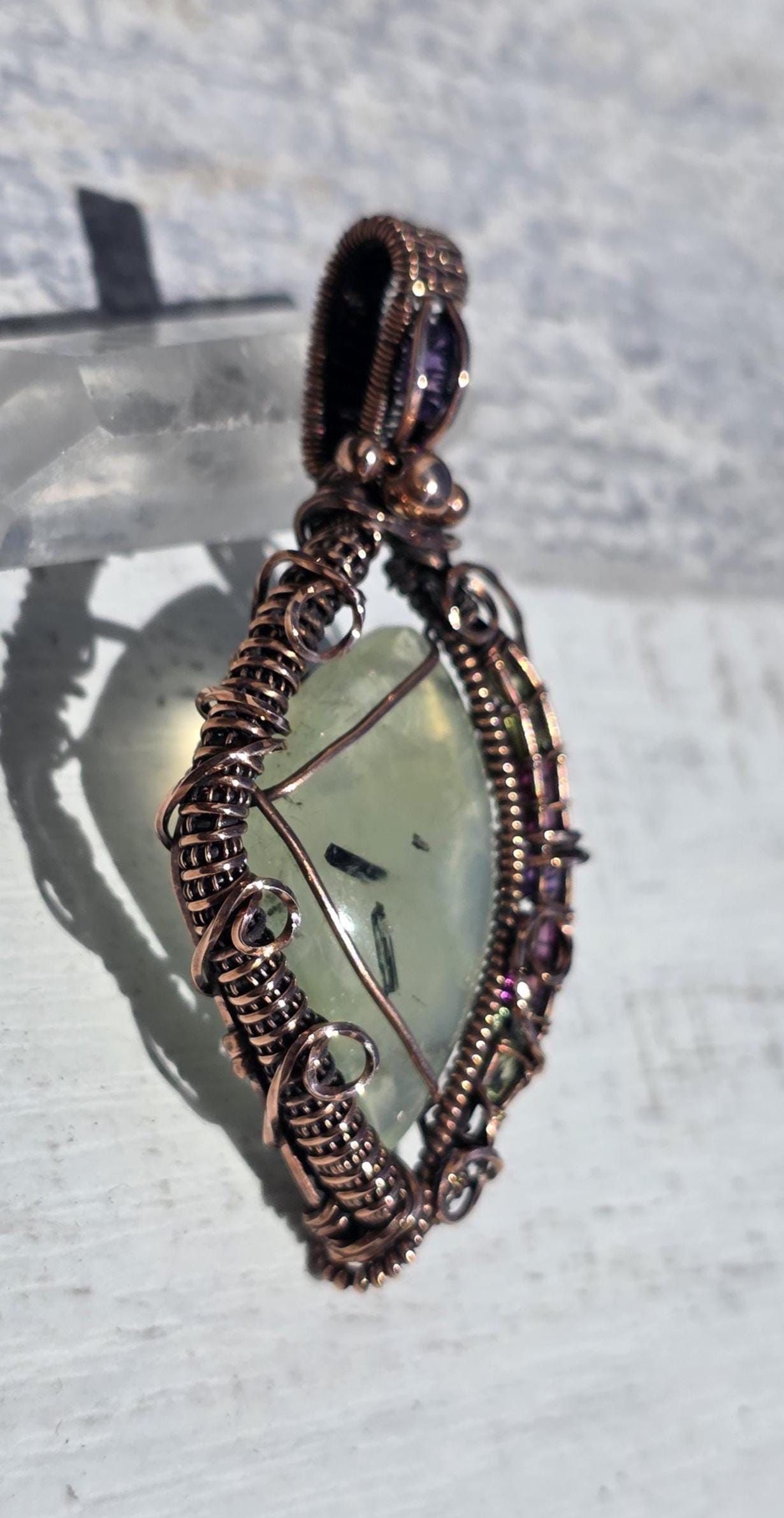 Tourmaline & Prehnite Gemstone Pendant: Copper Wrapped, Citrine, Garnet