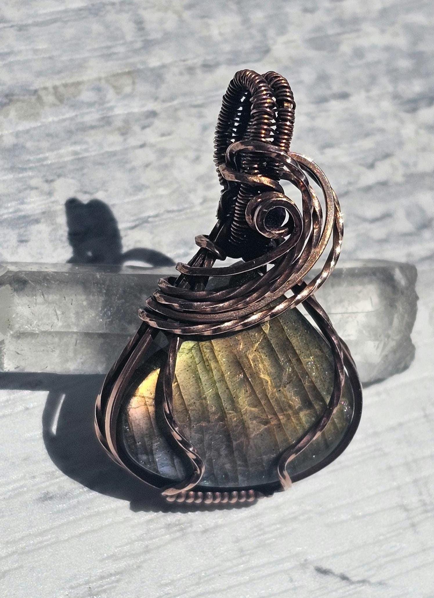 Hand Woven Copper Labradorite Pendant with Amethyst accent