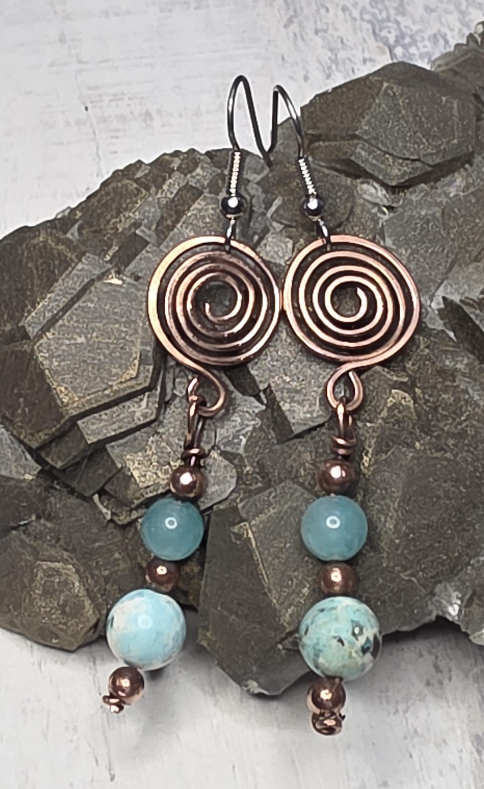 Amazonite Spiral hammered copper earrings with Sterling Silver ear wires.