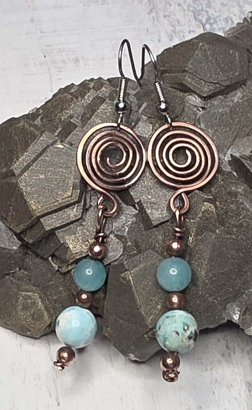 Amazonite Spiral hammered copper earrings with Sterling Silver ear wires.