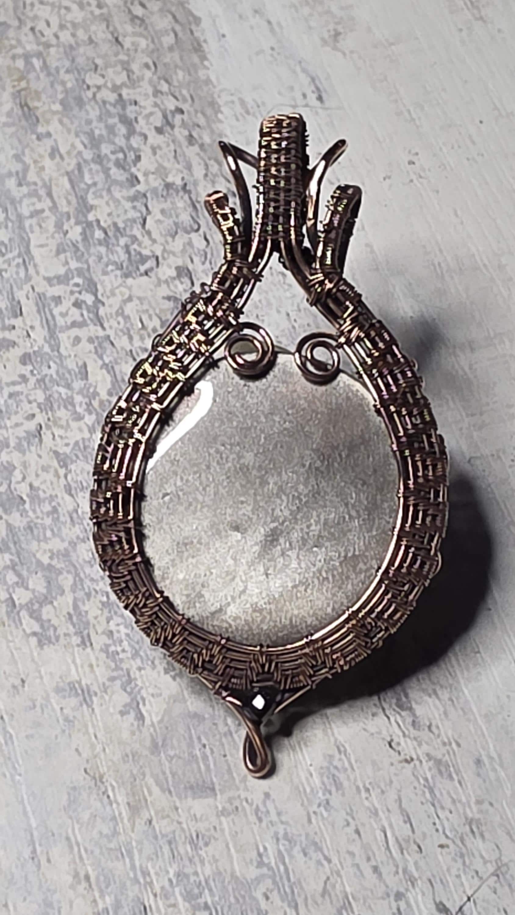 Hand Woven Copper Silver Sheen Obsidian Pendant.