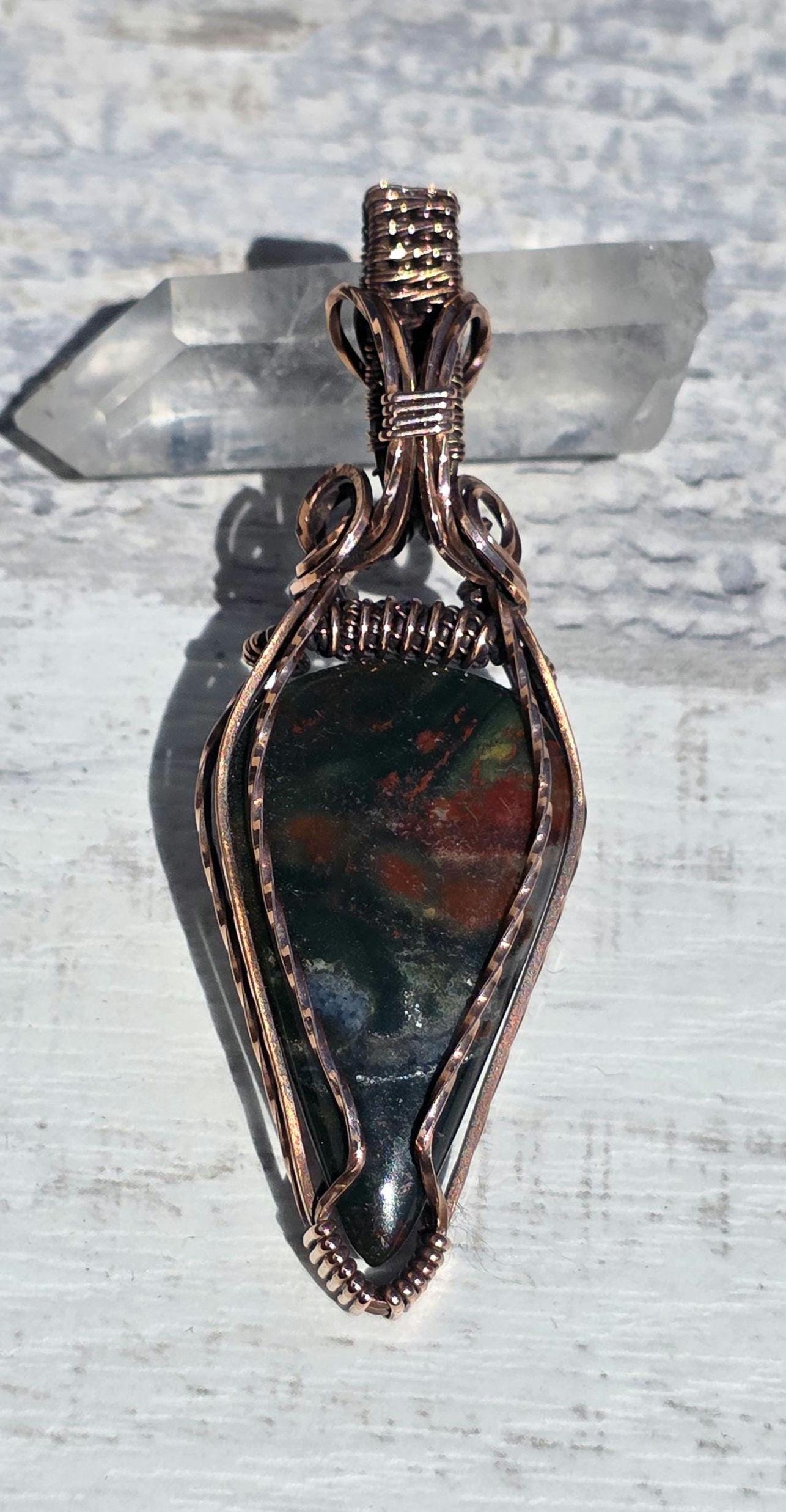 Spun Copper Wrapped Bloodstone Pendant - Hand Polished