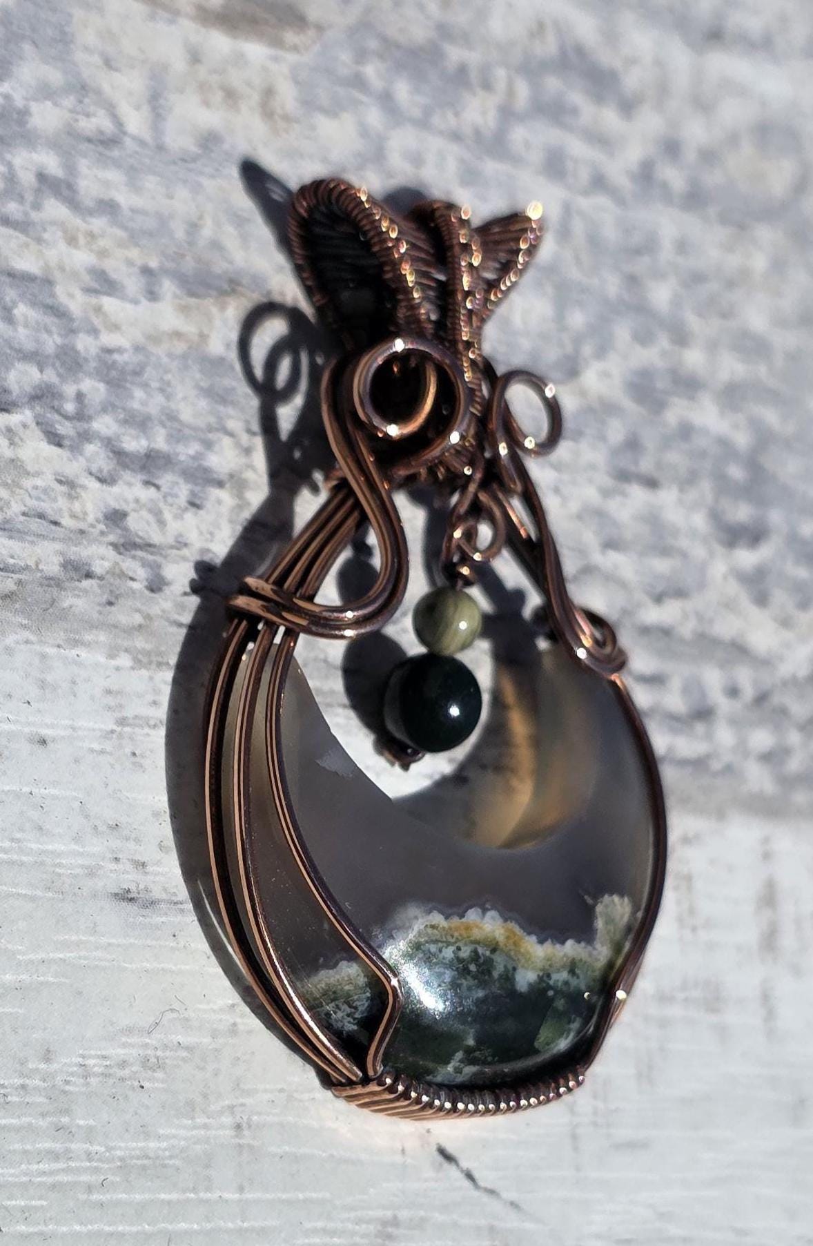 Moss Agate Moon Necklace: Spun Copper Wire Wrapped Pendant