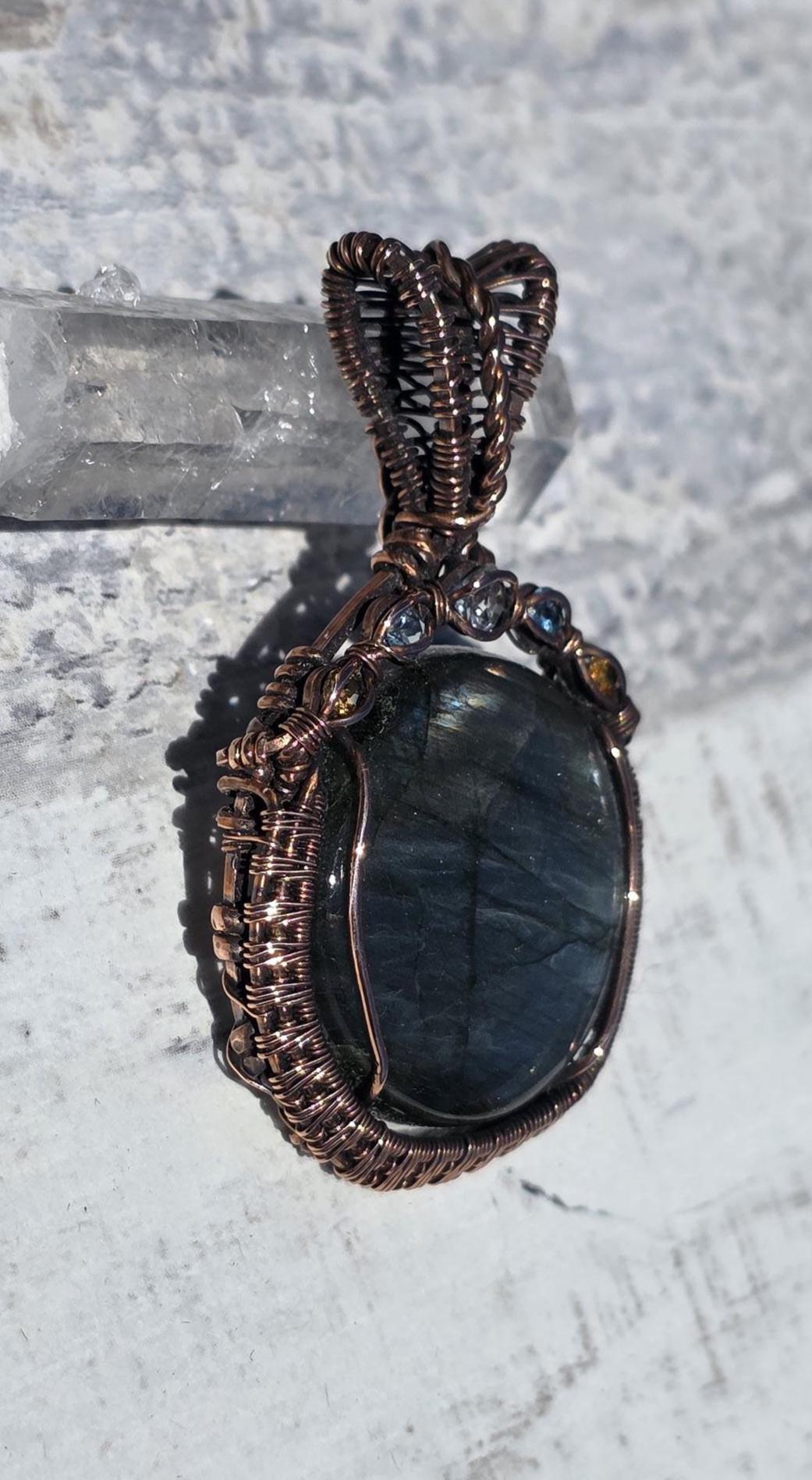 Labradorite Copper Wire Wrapped Pendant: Sapphire, Topaz & Citrine