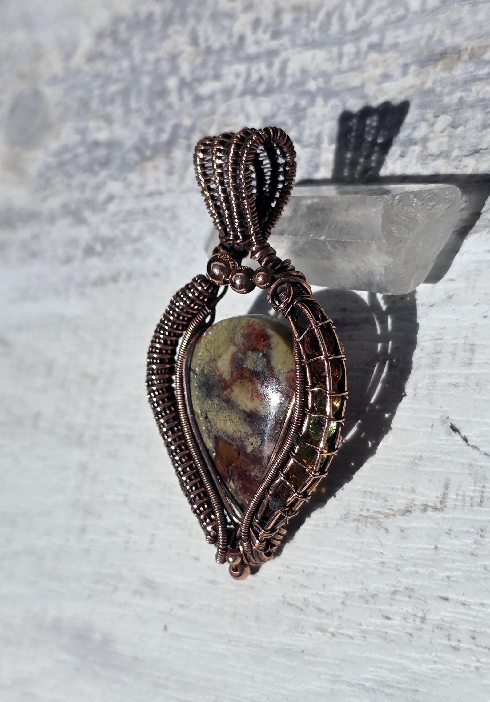 Copper Wrapped Jasper Pear Pendant: Citrine, Garnet & Peridot