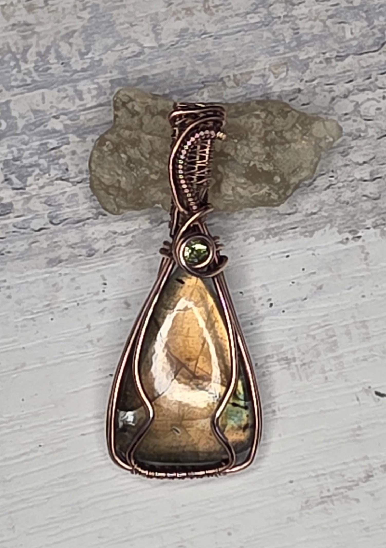 Hand Woven Copper Labradorite Pendant with Peridot