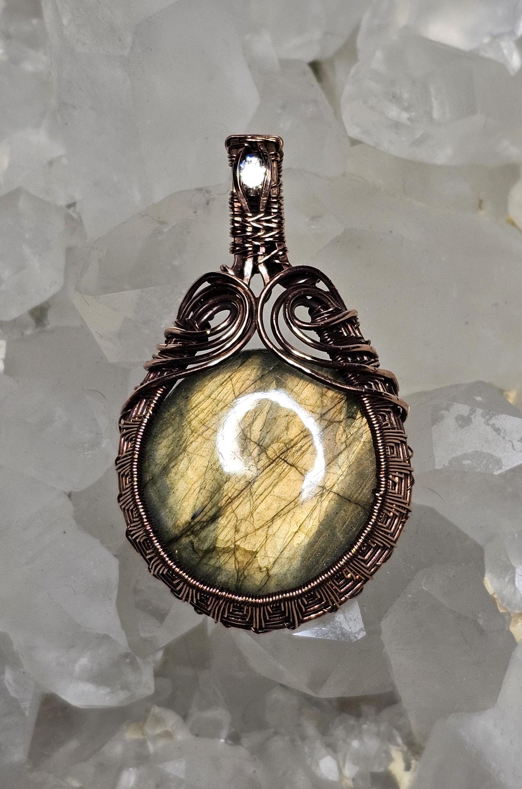 Labradorite wrapped in spun copper