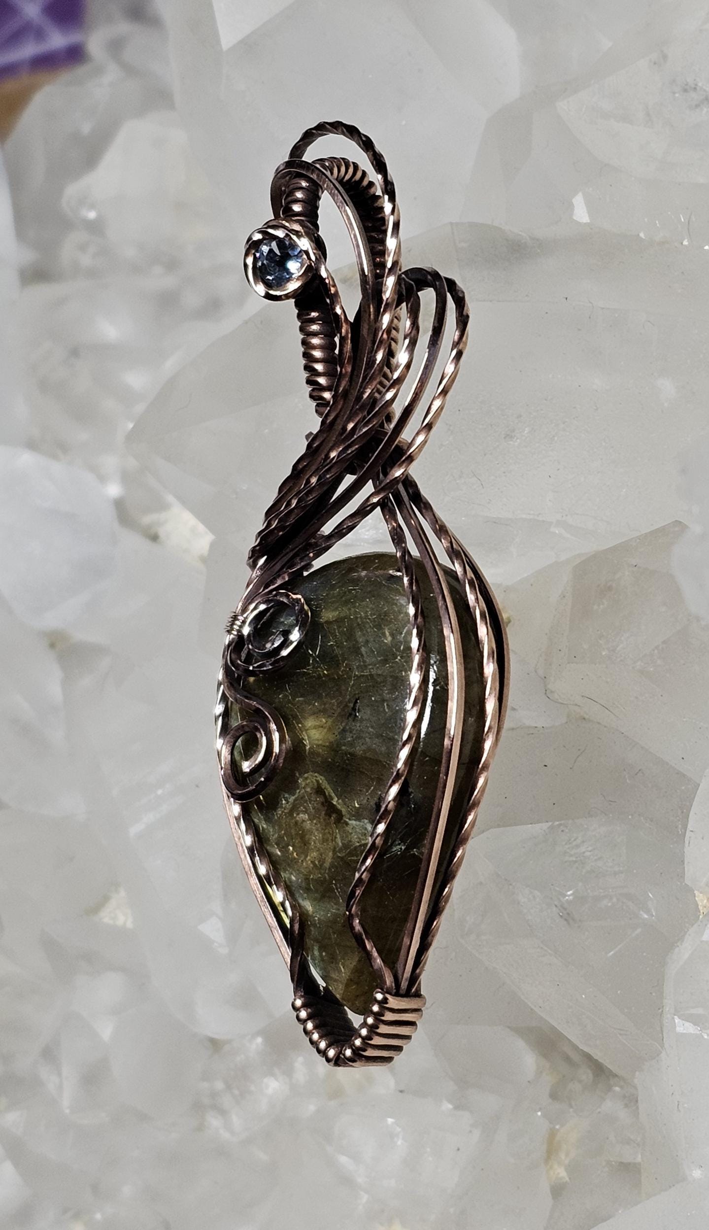 Labradorite accented with Topaz wrapped in spun Copper