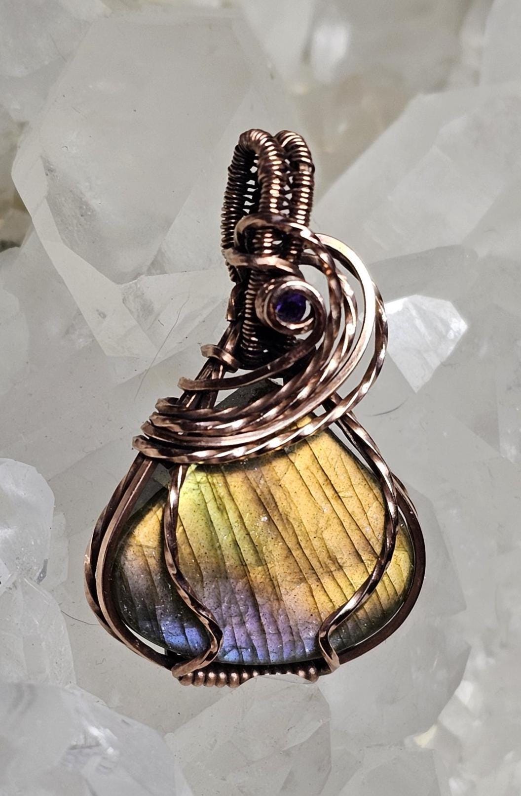 Hand Woven Copper Labradorite Pendant with Amethyst accent