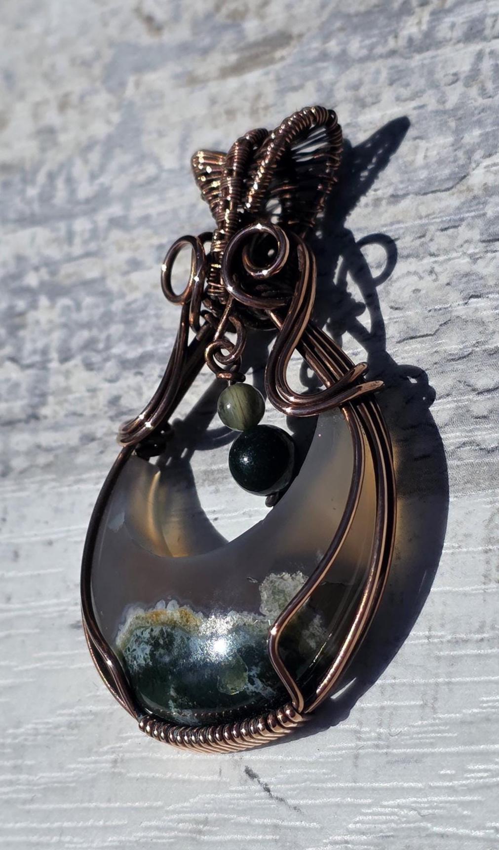 Moss Agate Moon Necklace: Spun Copper Wire Wrapped Pendant
