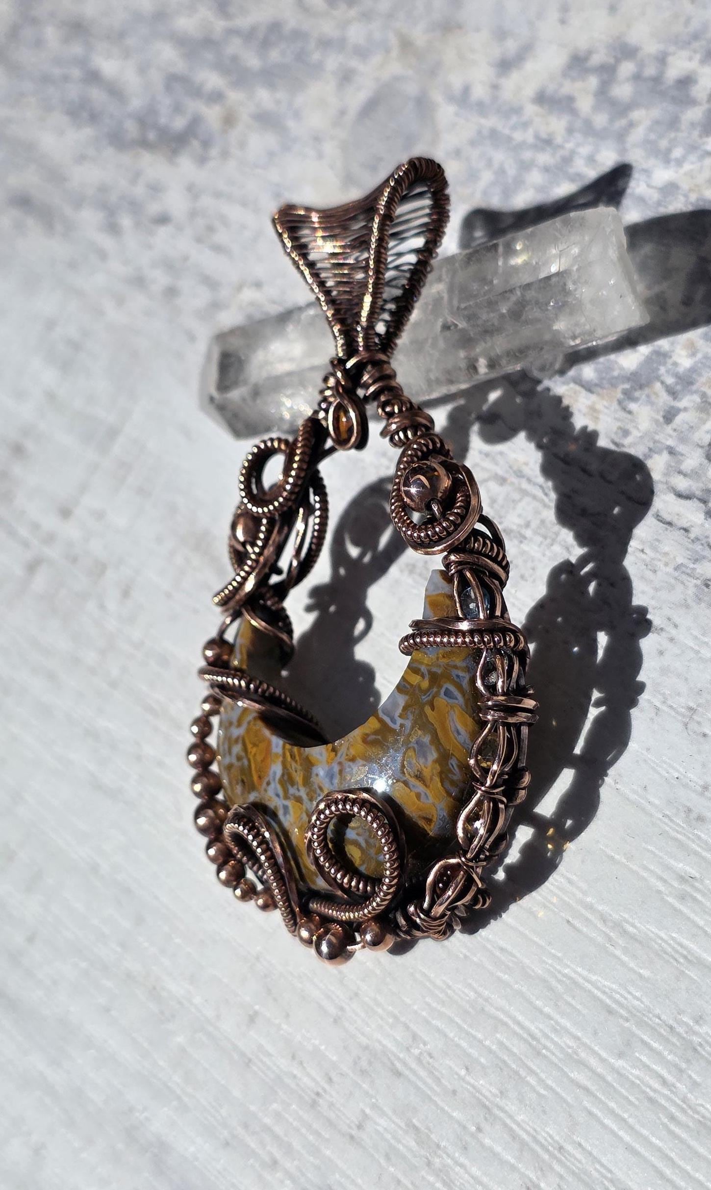Canyon Agate Copper Wrapped Pendant: Citrine Accent