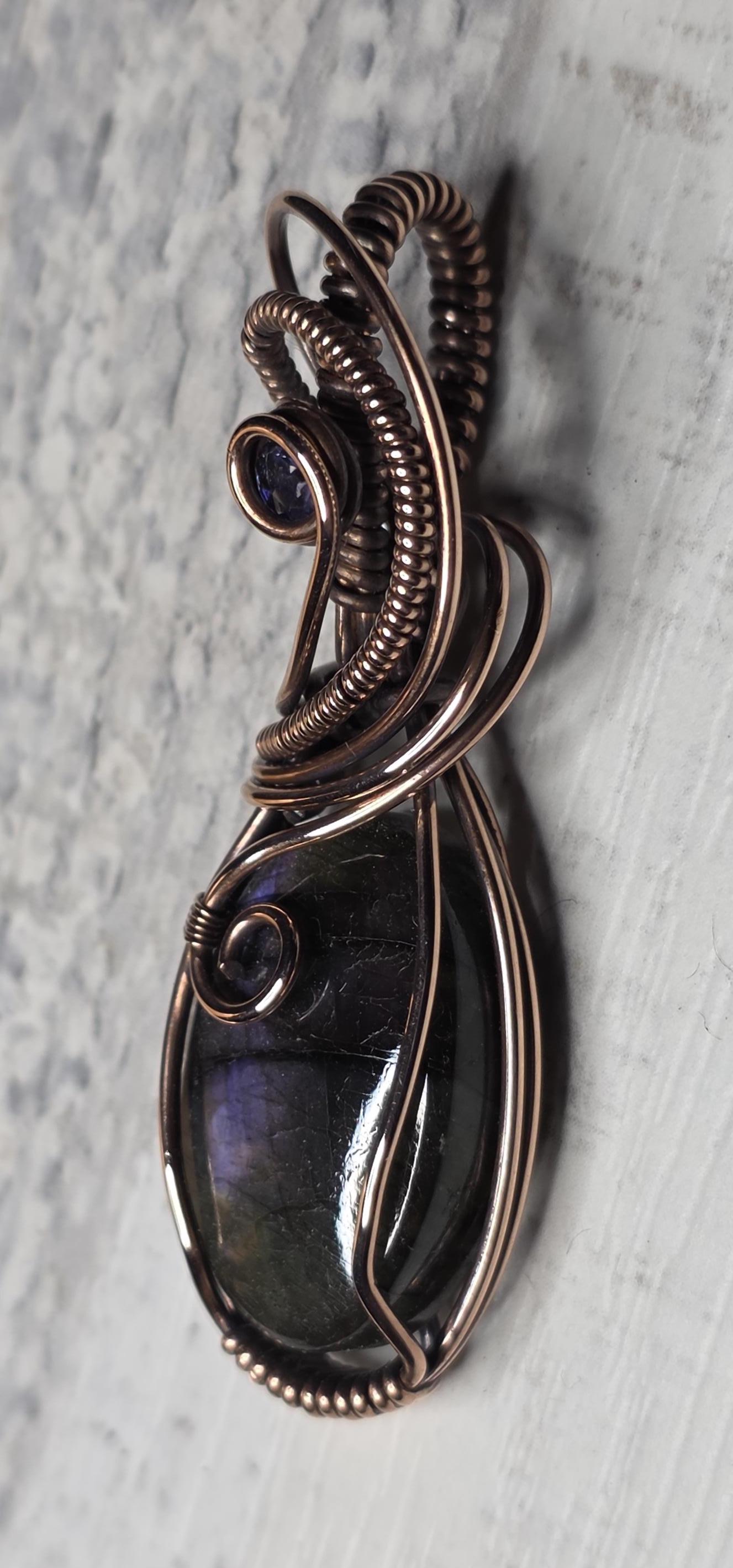 Hand Woven Copper Labradorite Pendant with Iolite Accent