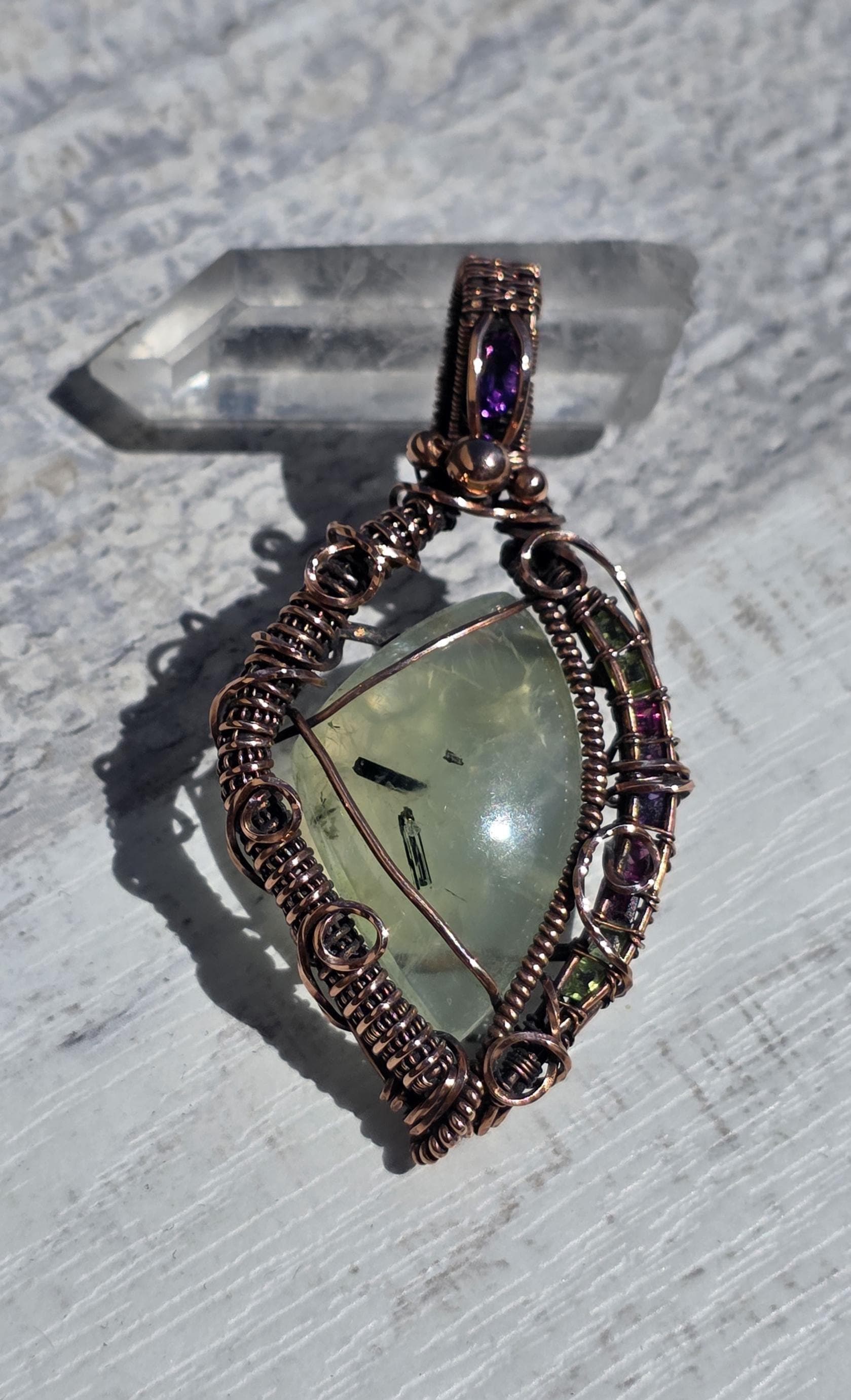 Tourmaline & Prehnite Gemstone Pendant: Copper Wrapped, Citrine, Garnet