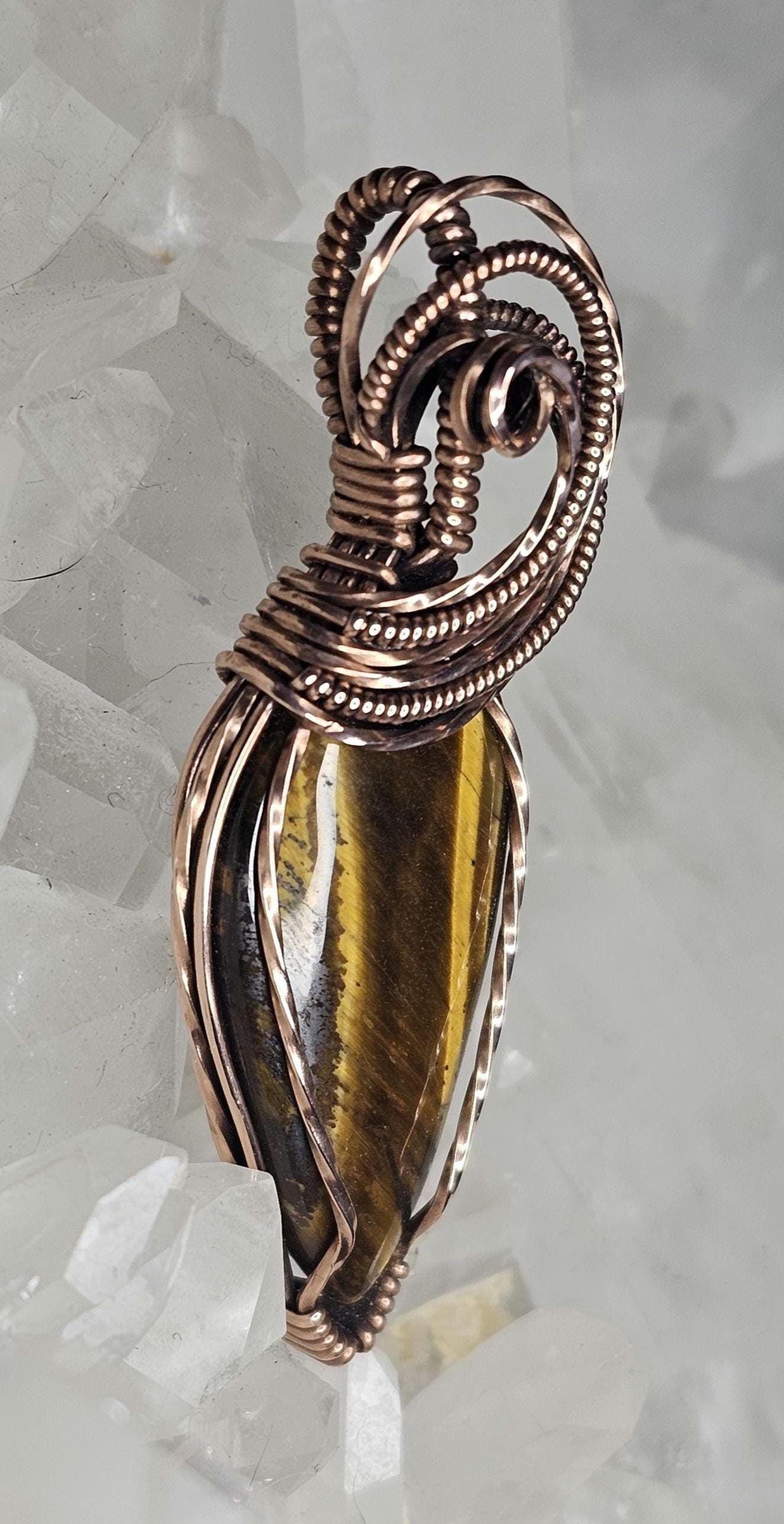 Hand Woven Copper Tiger's Eye Pendant with Onyx Accent