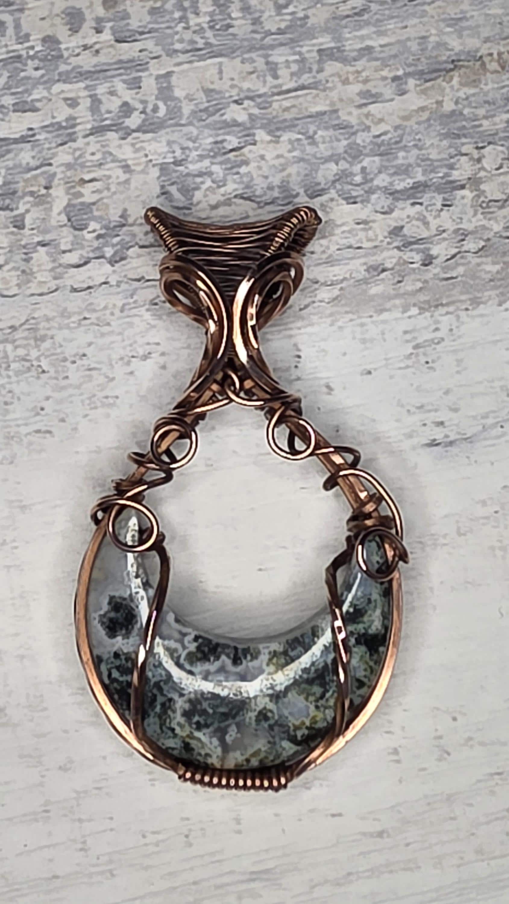 Moss Agate Copper Wrapped Pendant: