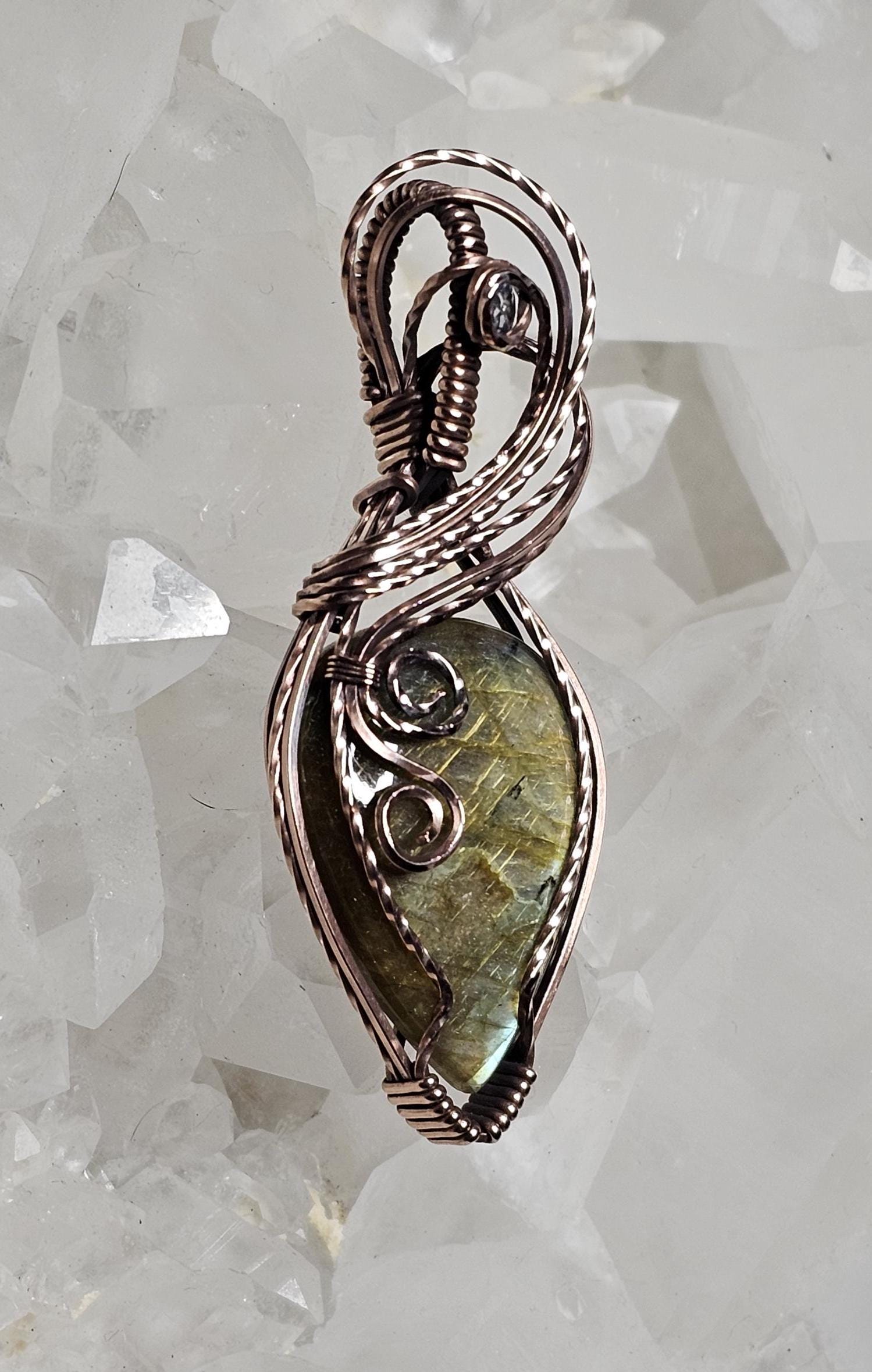 Labradorite accented with Topaz wrapped in spun Copper