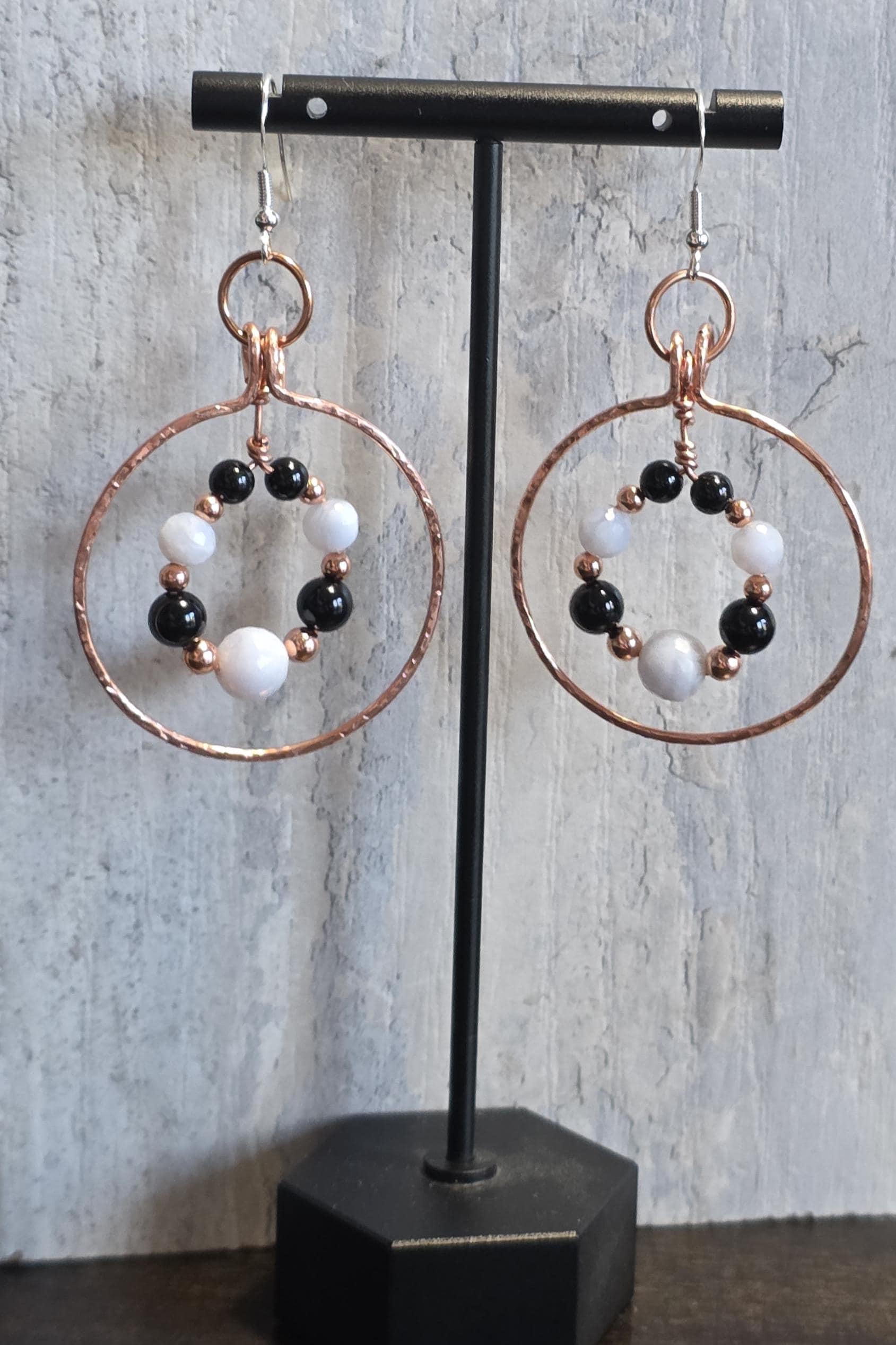 Blue Lace Agate and Tourmaline hammered copper earrings.