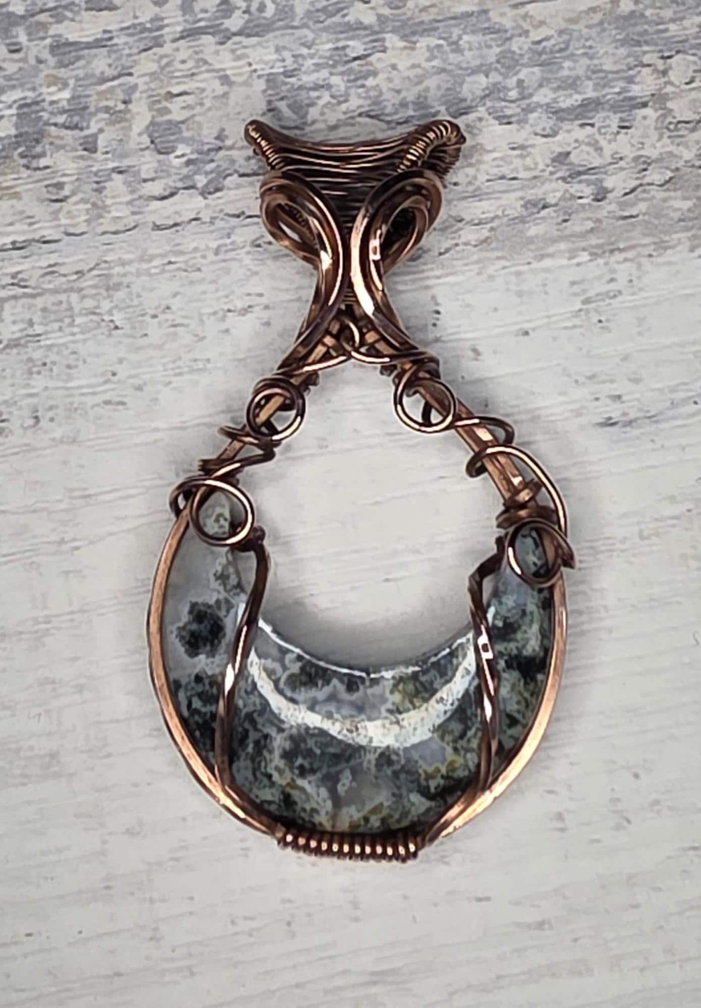 Moss Agate Copper Wrapped Pendant: