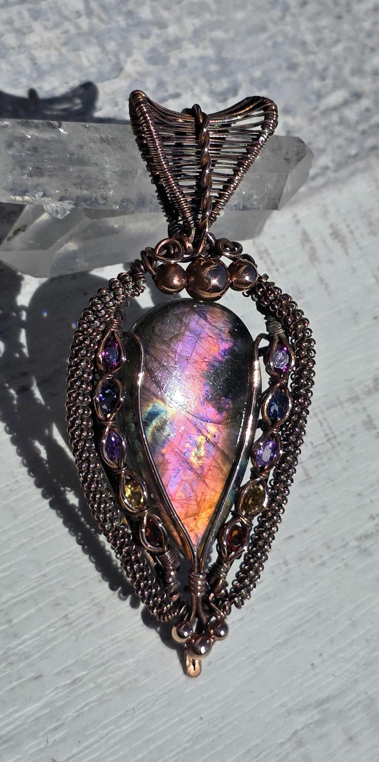 Labradorite Copper Wrapped Pendant: Raspberry Garnet, Amethyst & Citrine
