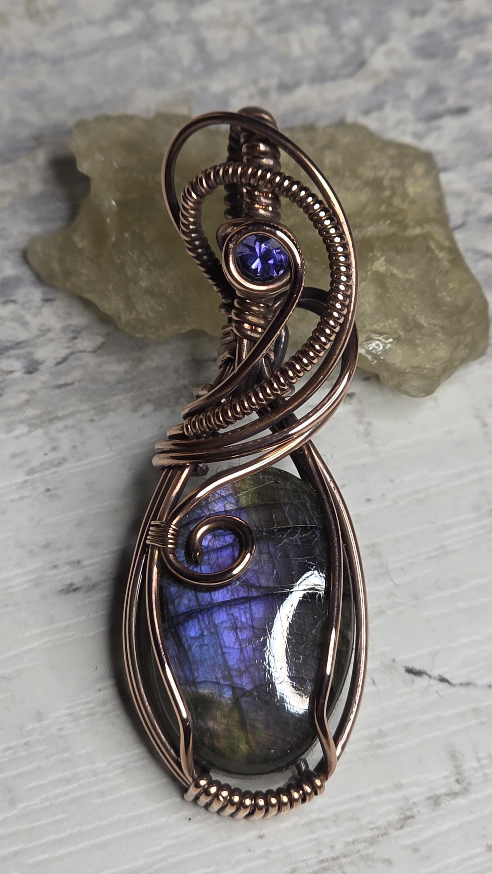 Hand Woven Copper Labradorite Pendant with Iolite Accent