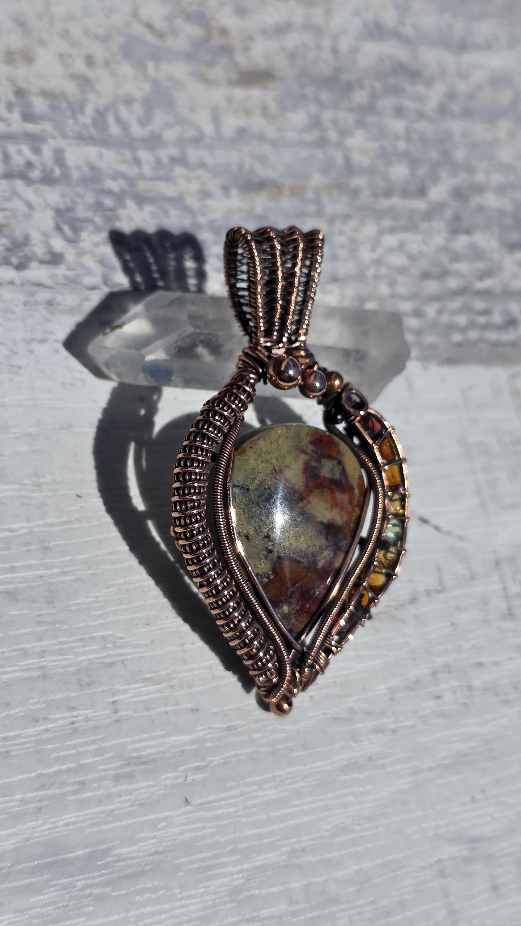 Copper Wrapped Jasper Pear Pendant: Citrine, Garnet & Peridot