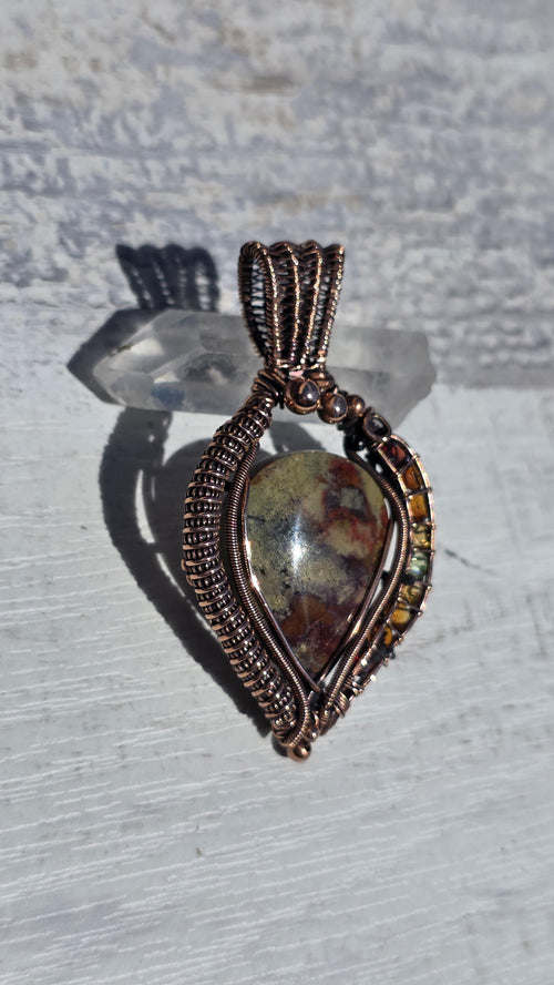Copper Wrapped Jasper Pear Pendant: Citrine, Garnet & Peridot